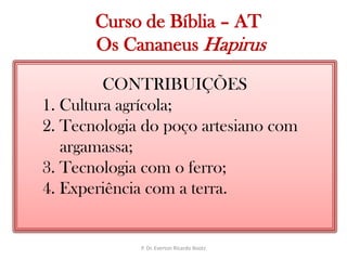   Curso de Bíblia – AT Os CananeusHapirusCONTRIBUIÇÕES1. Cultura agrícola;2. Tecnologia do poço artesiano com argamassa;3. Tecnologia com o ferro;4. Experiência com a terra.P. Dr. Everton Ricardo Bootz
