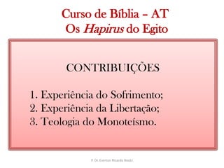   Curso de Bíblia – AT Os Hapirusdo EgitoCONTRIBUIÇÕES1. Experiência do Sofrimento;2. Experiência da Libertação;3. Teologia do Monoteísmo.P. Dr. Everton Ricardo Bootz
