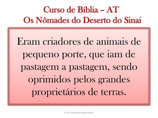   Curso de Bíblia – AT Os Nômades do Deserto do SinaiEram criadores de animais de pequeno porte, que iam de pastagem a pastagem, sendo oprimidos pelos grandes proprietários de terras. P. Dr. Everton Ricardo Bootz