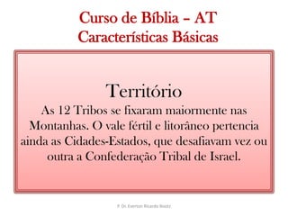   Curso de Bíblia – ATCaracterísticas BásicasTerritórioAs 12 Tribos se fixaram maiormente nas Montanhas. O vale fértil e litorâneo pertencia ainda as Cidades-Estados, que desafiavam vez ou outra a Confederação Tribal de Israel.P. Dr. Everton Ricardo Bootz