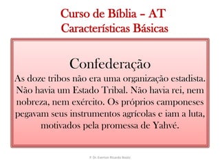   Curso de Bíblia – AT Características BásicasConfederaçãoAs doze tribos não era uma organização estadista. Não havia um Estado Tribal. Não havia rei, nem nobreza, nem exército. Os próprios camponeses pegavam seus instrumentos agrícolas e iam a luta, motivados pela promessa de Yahvé.P. Dr. Everton Ricardo Bootz