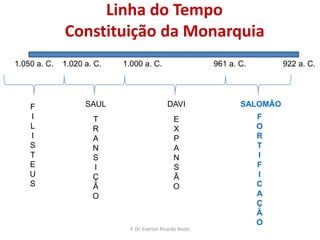 SAULTransição entre o Sistema Tribale a MonarquiaCaracterísticas de um Juiza) Carismático;b) Unção: Nagid(Líder), não melek(Rei)c) Não mudou a estrutura tribald) Igual a um Juiz, direito sobre as tribosP. Dr. Everton Ricardo Bootz