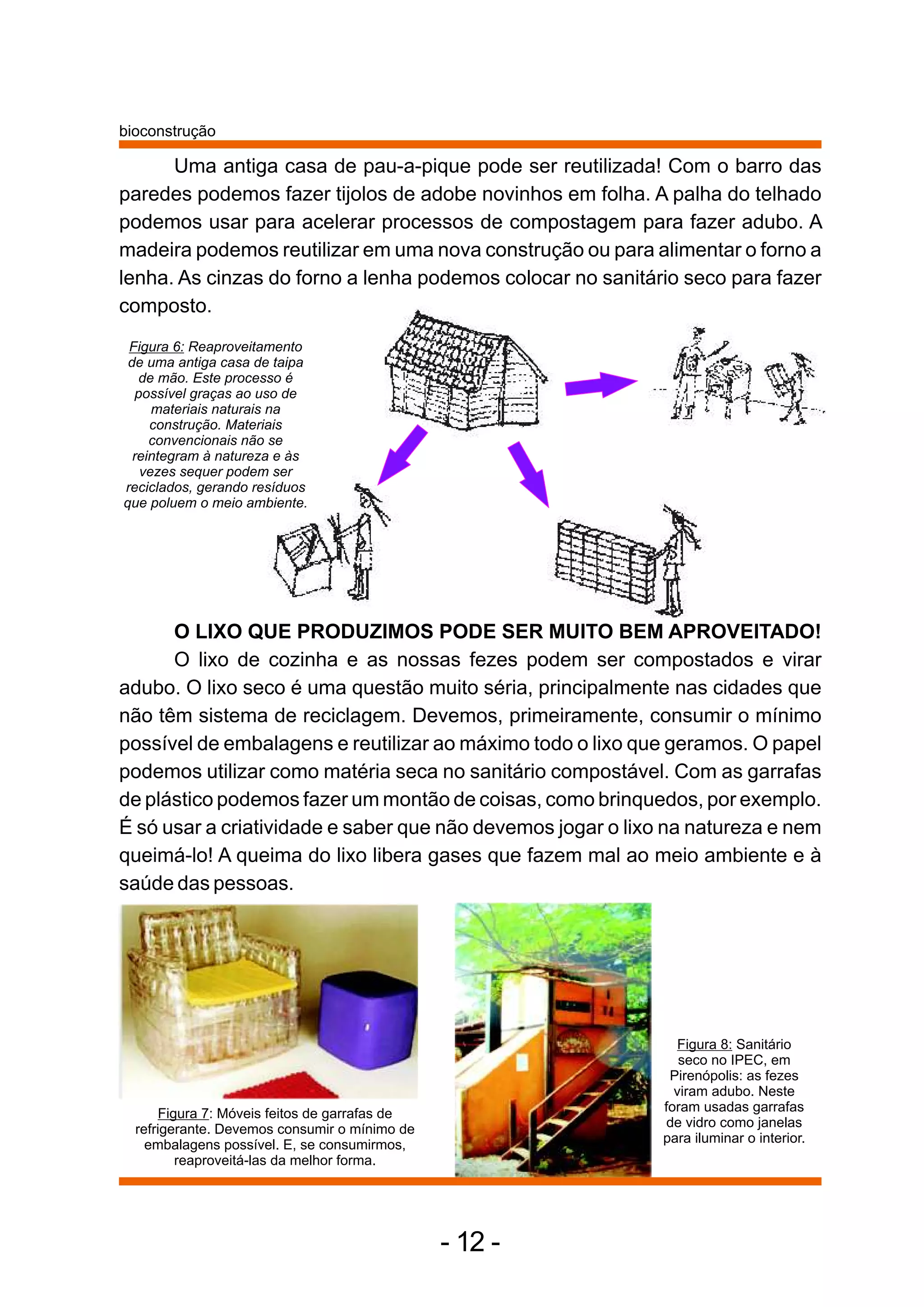 bioconstrução

      Uma antiga casa de pau-a-pique pode ser reutilizada! Com o barro das
paredes podemos fazer tijolos de adobe novinhos em folha. A palha do telhado
podemos usar para acelerar processos de compostagem para fazer adubo. A
madeira podemos reutilizar em uma nova construção ou para alimentar o forno a
lenha. As cinzas do forno a lenha podemos colocar no sanitário seco para fazer
composto.
 Figura 6: Reaproveitamento
 de uma antiga casa de taipa
   de mão. Este processo é
  possível graças ao uso de
     materiais naturais na
     construção. Materiais
     convencionais não se
  reintegram à natureza e às
   vezes sequer podem ser
reciclados, gerando resíduos
que poluem o meio ambiente.




      O LIXO QUE PRODUZIMOS PODE SER MUITO BEM APROVEITADO!
      O lixo de cozinha e as nossas fezes podem ser compostados e virar
adubo. O lixo seco é uma questão muito séria, principalmente nas cidades que
não têm sistema de reciclagem. Devemos, primeiramente, consumir o mínimo
possível de embalagens e reutilizar ao máximo todo o lixo que geramos. O papel
podemos utilizar como matéria seca no sanitário compostável. Com as garrafas
de plástico podemos fazer um montão de coisas, como brinquedos, por exemplo.
É só usar a criatividade e saber que não devemos jogar o lixo na natureza e nem
queimá-lo! A queima do lixo libera gases que fazem mal ao meio ambiente e à
saúde das pessoas.




                                                                Figura 8: Sanitário
                                                                seco no IPEC, em
                                                              Pirenópolis: as fezes
                                                               viram adubo. Neste
      Figura 7: Móveis feitos de garrafas de                 foram usadas garrafas
  refrigerante. Devemos consumir o mínimo de                 de vidro como janelas
    embalagens possível. E, se consumirmos,                  para iluminar o interior.
         reaproveitá-las da melhor forma.




                                               - 12 -
 
