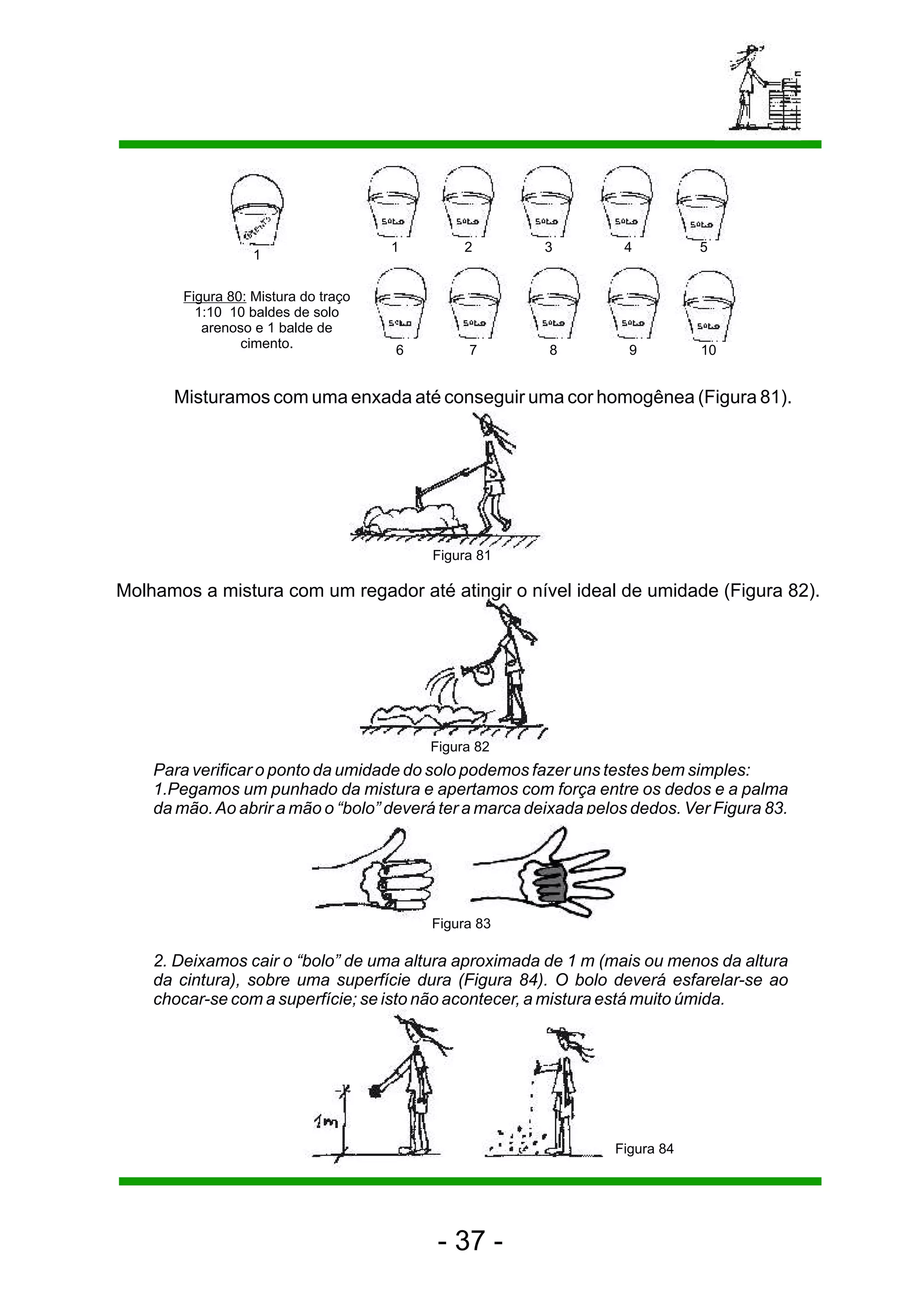 1        2         3         4          5
                   1

        Figura 80: Mistura do traço
          1:10 10 baldes de solo
           arenoso e 1 balde de
                 cimento.             6        7         8          9         10


      Misturamos com uma enxada até conseguir uma cor homogênea (Figura 81).




                                          Figura 81

Molhamos a mistura com um regador até atingir o nível ideal de umidade (Figura 82).




                                          Figura 82
    Para verificar o ponto da umidade do solo podemos fazer uns testes bem simples:
    1.Pegamos um punhado da mistura e apertamos com força entre os dedos e a palma
    da mão. Ao abrir a mão o “bolo” deverá ter a marca deixada pelos dedos. Ver Figura 83.




                                          Figura 83

    2. Deixamos cair o “bolo” de uma altura aproximada de 1 m (mais ou menos da altura
    da cintura), sobre uma superfície dura (Figura 84). O bolo deverá esfarelar-se ao
    chocar-se com a superfície; se isto não acontecer, a mistura está muito úmida.




                                                                  Figura 84




                                           - 37 -
 
