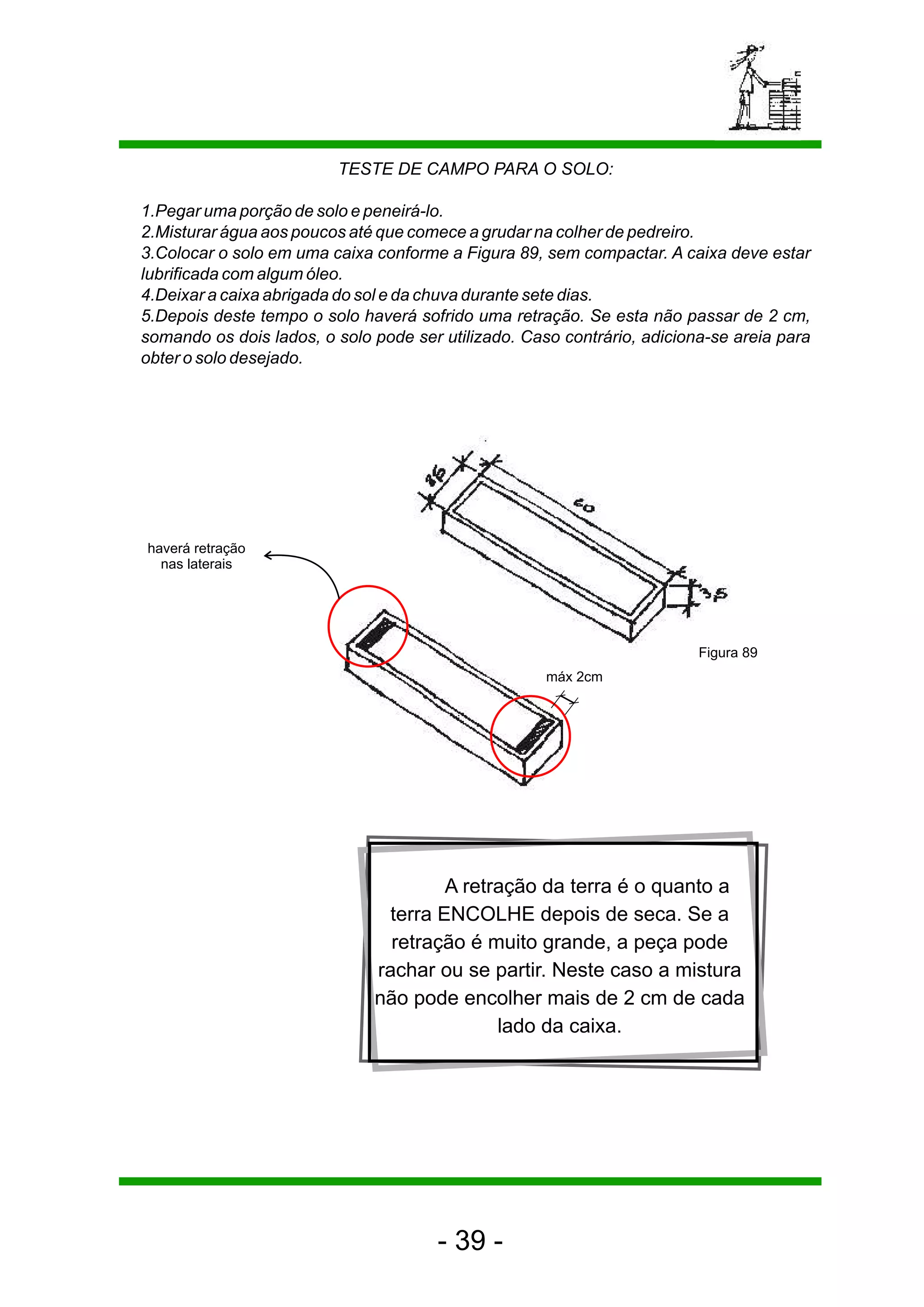 TESTE DE CAMPO PARA O SOLO:

1.Pegar uma porção de solo e peneirá-lo.
2.Misturar água aos poucos até que comece a grudar na colher de pedreiro.
3.Colocar o solo em uma caixa conforme a Figura 89, sem compactar. A caixa deve estar
lubrificada com algum óleo.
4.Deixar a caixa abrigada do sol e da chuva durante sete dias.
5.Depois deste tempo o solo haverá sofrido uma retração. Se esta não passar de 2 cm,
somando os dois lados, o solo pode ser utilizado. Caso contrário, adiciona-se areia para
obter o solo desejado.




haverá retração
  nas laterais




                                                                         Figura 89
                                                     máx 2cm




                                      A retração da terra é o quanto a
                               terra ENCOLHE depois de seca. Se a
                                retração é muito grande, a peça pode
                              rachar ou se partir. Neste caso a mistura
                              não pode encolher mais de 2 cm de cada
                                            lado da caixa.




                                       - 39 -
 