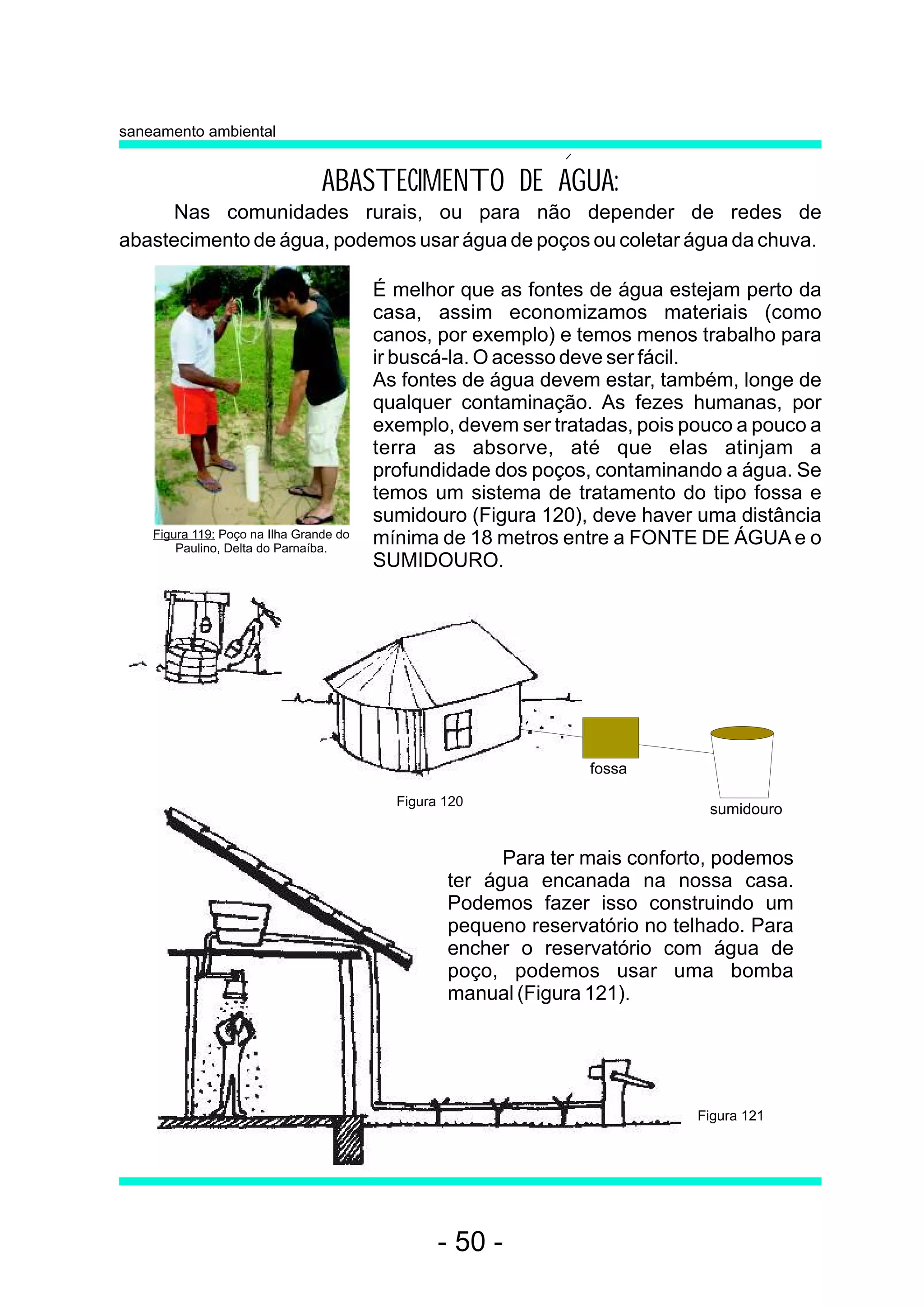 saneamento ambiental


                                 ABASTECIMENTO DE AGUA:
     Nas comunidades rurais, ou para não depender de redes de
abastecimento de água, podemos usar água de poços ou coletar água da chuva.

                                         É melhor que as fontes de água estejam perto da
                                         casa, assim economizamos materiais (como
                                         canos, por exemplo) e temos menos trabalho para
                                         ir buscá-la. O acesso deve ser fácil.
                                         As fontes de água devem estar, também, longe de
                                         qualquer contaminação. As fezes humanas, por
                                         exemplo, devem ser tratadas, pois pouco a pouco a
                                         terra as absorve, até que elas atinjam a
                                         profundidade dos poços, contaminando a água. Se
                                         temos um sistema de tratamento do tipo fossa e
                                         sumidouro (Figura 120), deve haver uma distância
    Figura 119: Poço na Ilha Grande do   mínima de 18 metros entre a FONTE DE ÁGUA e o
        Paulino, Delta do Parnaíba.
                                         SUMIDOURO.




                                                                 fossa

                                           Figura 120
                                                                              sumidouro


                                                        Para ter mais conforto, podemos
                                                  ter água encanada na nossa casa.
                                                  Podemos fazer isso construindo um
                                                  pequeno reservatório no telhado. Para
                                                  encher o reservatório com água de
                                                  poço, podemos usar uma bomba
                                                  manual (Figura 121).




                                                                            Figura 121




                                                 - 50 -
 