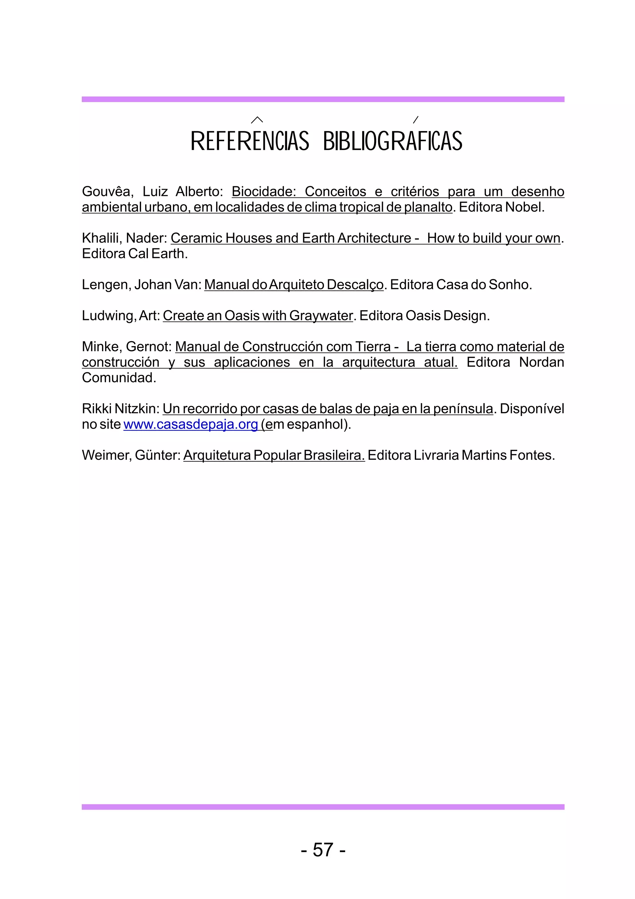 REFERENCIAS BIBLIOGRAFICAS
Gouvêa, Luiz Alberto: Biocidade: Conceitos e critérios para um desenho
ambiental urbano, em localidades de clima tropical de planalto. Editora Nobel.

Khalili, Nader: Ceramic Houses and Earth Architecture - How to build your own.
Editora Cal Earth.

Lengen, Johan Van: Manual do Arquiteto Descalço. Editora Casa do Sonho.

Ludwing, Art: Create an Oasis with Graywater. Editora Oasis Design.

Minke, Gernot: Manual de Construcción com Tierra - La tierra como material de
construcción y sus aplicaciones en la arquitectura atual. Editora Nordan
Comunidad.

Rikki Nitzkin: Un recorrido por casas de balas de paja en la península. Disponível
no site www.casasdepaja.org (em espanhol).

Weimer, Günter: Arquitetura Popular Brasileira. Editora Livraria Martins Fontes.




                                     - 57 -
 
