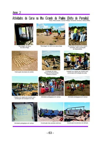 Anexo 2
Atividades do Curso na Ilha Grande do Paulino (Delta do Parnaiba)
                                                   Fotos: Alice Duarte; Cecília Prompt; Fernando Ferreira e Silma Erthal




        Reciclagem do barro           Reciclagem do barro da casa antiga.          Enchendo os sacos com o barro
          da casa antiga.                                                            reciclado, para a produção
                                                                                           de Superadobe.




  Fabricação dos tijolos de adobe.           Fundação da casa -                 Trabalho em regime de mutirão para
                                           Técnica de Superadobe:                construção da fundação da casa.
                                              Pilando os sacos.




 Trabalho em regime de mutirão para   Atividade pedagógica em campo.               Atividade pedagógica em campo.
  construção da fundação da casa.




  Atividade pedagógica em campo.      Construção das paredes externas.           Construção da estrutura do telhado.




                                               - 63 -
 