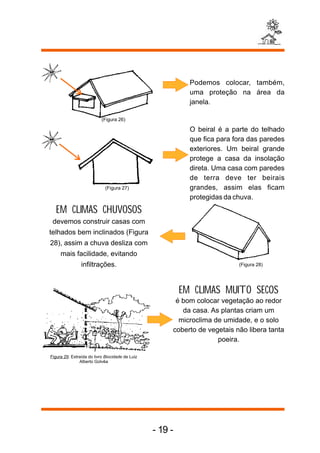Podemos colocar, também, 
uma proteção na área da 
janela. 
EM CLIMAS CHUVOSOS 
devemos construir casas com 
telhados bem inclinados (Figura 
28), assim a chuva desliza com 
mais facilidade, evitando 
infiltrações. 
Figura 29: Extraída do livro Biocidade de Luiz 
Alberto Golvêa 
O beiral é a parte do telhado 
que fica para fora das paredes 
exteriores. Um beiral grande 
protege a casa da insolação 
direta. Uma casa com paredes 
de terra deve ter beirais 
grandes, assim elas ficam 
protegidas da chuva. 
(Figura 28) 
EM CLIMAS MUITO SECOS 
é bom colocar vegetação ao redor 
da casa. As plantas criam um 
microclima de umidade, e o solo 
coberto de vegetais não libera tanta 
poeira. 
(Figura 26) 
(Figura 27) 
- 19 - 
 