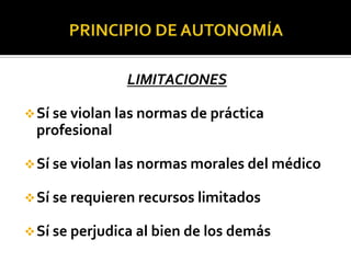 LIMITACIONES
Sí se violan las normas de práctica
profesional
Sí se violan las normas morales del médico
Sí se requieren recursos limitados
Sí se perjudica al bien de los demás
 