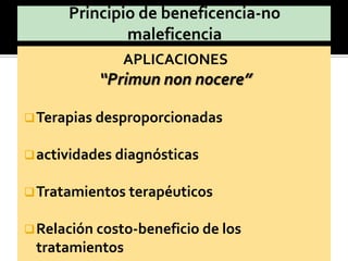 APLICACIONES
“Primun non nocere”
Terapias desproporcionadas
actividades diagnósticas
Tratamientos terapéuticos
Relación costo-beneficio de los
tratamientos
 