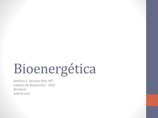 Bioenergética
Antonio E. Serrano PhD. MT.
Cátedra de Bioquímica - 2012
@xideral
xideral.com
 