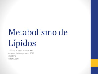 Metabolismo de
Lípidos
Antonio E. Serrano PhD. MT.
Cátedra de Bioquímica - 2012
@xideral
xideral.com
 