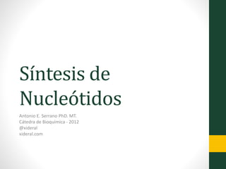 Síntesis de
Nucleótidos
Antonio E. Serrano PhD. MT.
Cátedra de Bioquímica - 2012
@xideral
xideral.com
 