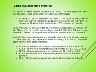 Na “coluna A” estão listados os posts e na “linha 1” as interações que cada
um deles teve. Veja como é fácil navegar esta informação:
 A “linha 3”, dá as interações do “Post 2”. O título do post, tem o
endereço “A3”. O número de pageviews deste post está em “B3”. O
número de FB Likes deste post está em “C3”. E assim por diante…
Desta maneira, eu sei que todas as informações relacionadas à “coluna D”
são “Tweets” e, na medida que eu desço para D2, D3, D4 e D5, eu vejo a
dimensão “Tweets” de propriedades diferentes, identificadas na “coluna A”.
Você também pode referenciar um intervalo inteiro de uma só vez, usando
“:” (dois pontos) como separador entre o começo e o fim do intervalo,
assim ficamos com estes exemplos:
 A2:A5 – O intervalo vertical que compreende A2, A3, A3, A4 e A5.
 A2:E2 – O invervalo horizontal que compreende A2, B2, C2, D2 e E2
 A2:E5 – O quadrado que tem um vértice em A2 e outro em E5.
 A2:A – O intervalo vertical que começa em A2 e vai até o final da
coluna A.
 A2:2 – O intervalo horizontal que vai de A2 até o final da linha 2..
Como Navegar uma Planilha
 