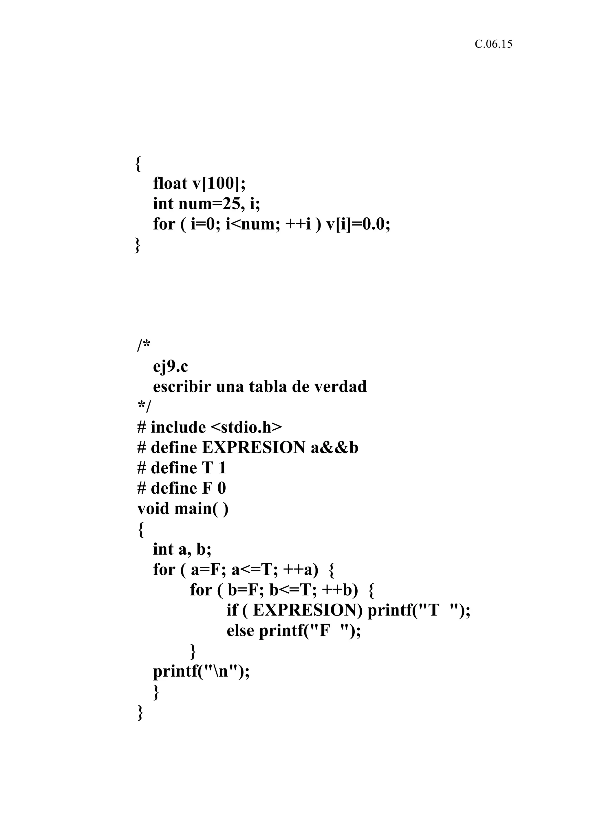 C.06.15 
{ 
float v[100]; 
int num=25, i; 
for ( i=0; i<num; ++i ) v[i]=0.0; 
} 
/* 
ej9.c 
escribir una tabla de verdad 
*/ 
# include <stdio.h> 
# define EXPRESION a&&b 
# define T 1 
# define F 0 
void main( ) 
{ 
int a, b; 
for ( a=F; a<=T; ++a) { 
for ( b=F; b<=T; ++b) { 
if ( EXPRESION) printf("T "); 
else printf("F "); 
} 
printf("n"); 
} 
} 
 
