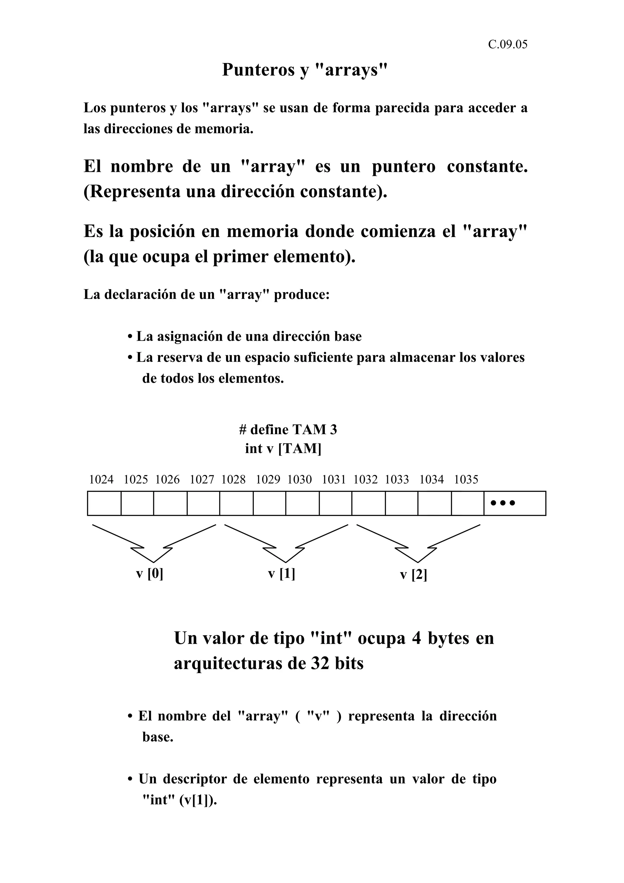 C.09.05 
Punteros y "arrays" 
Los punteros y los "arrays" se usan de forma parecida para acceder a 
las direcciones de memoria. 
El nombre de un "array" es un puntero constante. 
(Representa una dirección constante). 
Es la posición en memoria donde comienza el "array" 
(la que ocupa el primer elemento). 
La declaración de un "array" produce: 
• La asignación de una dirección base 
• La reserva de un espacio suficiente para almacenar los valores 
de todos los elementos. 
# define TAM 3 
int v [TAM] 
1024 1025 1026 1027 1028 1029 1030 1031 1032 1033 1034 1035 
v [0] v [1] v [2] 
Un valor de tipo "int" ocupa 4 bytes en 
arquitecturas de 32 bits 
• El nombre del "array" ( "v" ) representa la dirección 
base. 
• Un descriptor de elemento representa un valor de tipo 
"int" (v[1]). 
 
