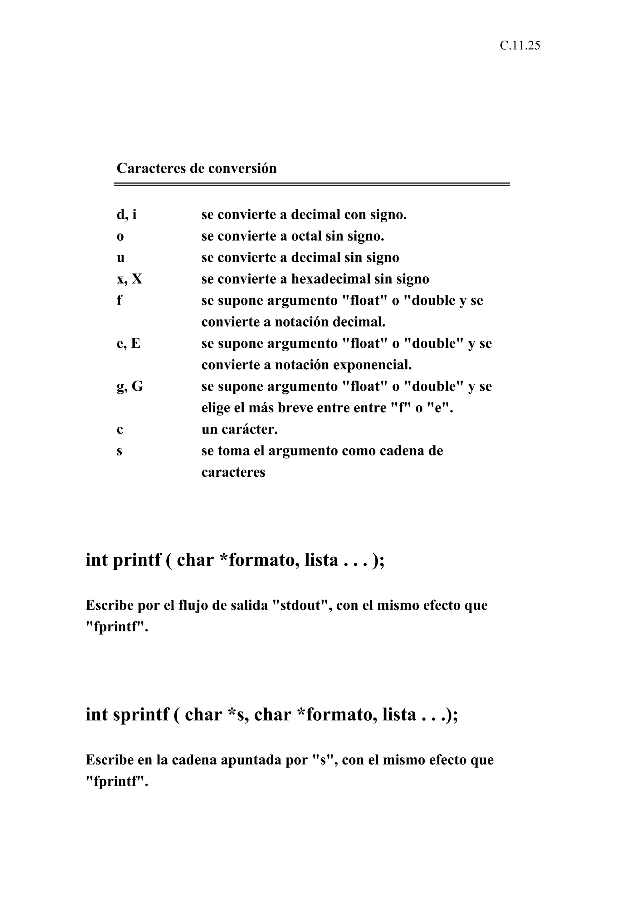 C.11.25 
Caracteres de conversión 
d, i se convierte a decimal con signo. 
o se convierte a octal sin signo. 
u se convierte a decimal sin signo 
x, X se convierte a hexadecimal sin signo 
f se supone argumento "float" o "double y se 
convierte a notación decimal. 
e, E se supone argumento "float" o "double" y se 
convierte a notación exponencial. 
g, G se supone argumento "float" o "double" y se 
elige el más breve entre entre "f" o "e". 
c un carácter. 
s se toma el argumento como cadena de 
caracteres 
int printf ( char *formato, lista . . . ); 
Escribe por el flujo de salida "stdout", con el mismo efecto que 
"fprintf". 
int sprintf ( char *s, char *formato, lista . . .); 
Escribe en la cadena apuntada por "s", con el mismo efecto que 
"fprintf". 
 