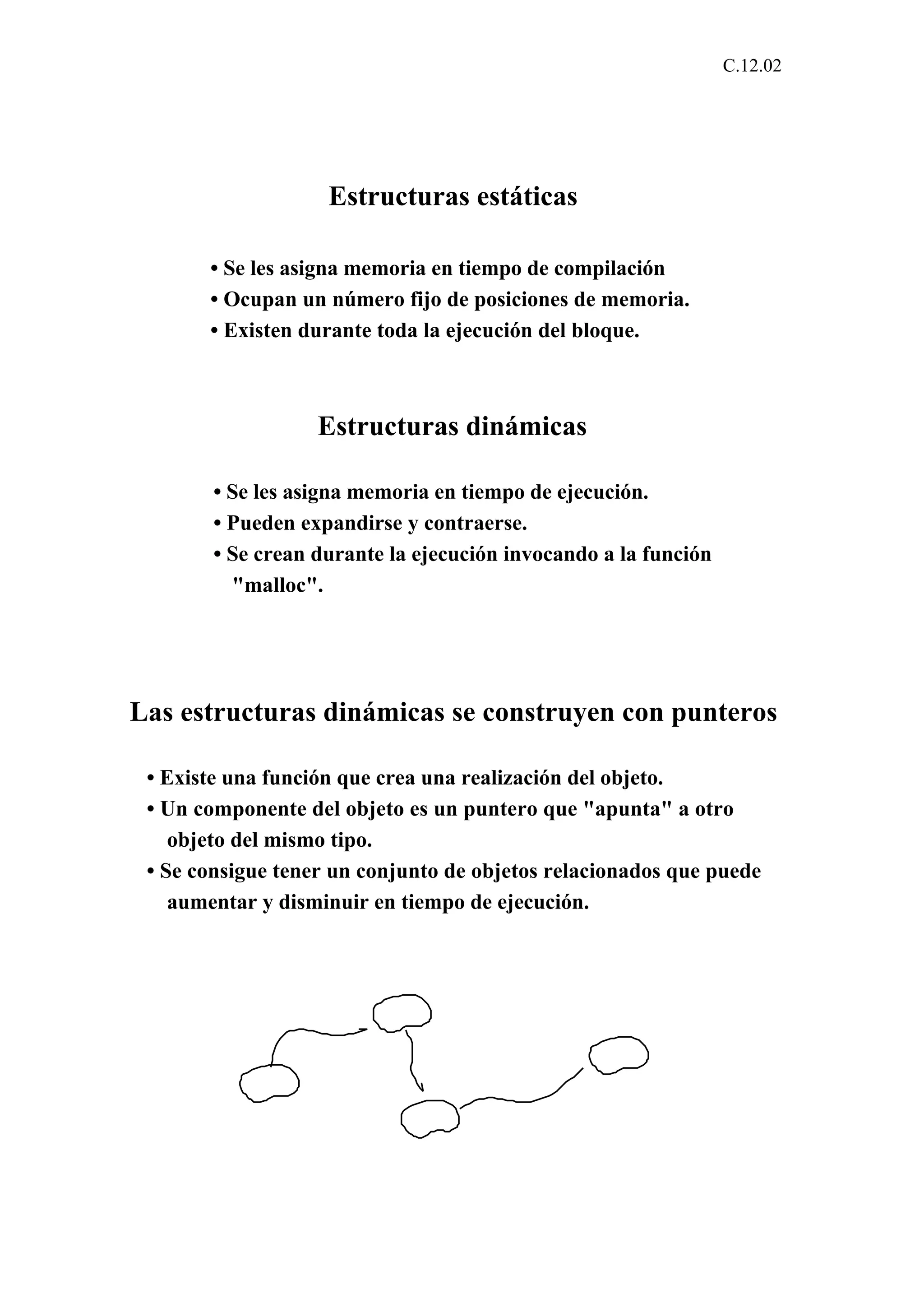 C.12.02 
Estructuras estáticas 
• Se les asigna memoria en tiempo de compilación 
• Ocupan un número fijo de posiciones de memoria. 
• Existen durante toda la ejecución del bloque. 
Estructuras dinámicas 
• Se les asigna memoria en tiempo de ejecución. 
• Pueden expandirse y contraerse. 
• Se crean durante la ejecución invocando a la función 
"malloc". 
Las estructuras dinámicas se construyen con punteros 
• Existe una función que crea una realización del objeto. 
• Un componente del objeto es un puntero que "apunta" a otro 
objeto del mismo tipo. 
• Se consigue tener un conjunto de objetos relacionados que puede 
aumentar y disminuir en tiempo de ejecución. 
 