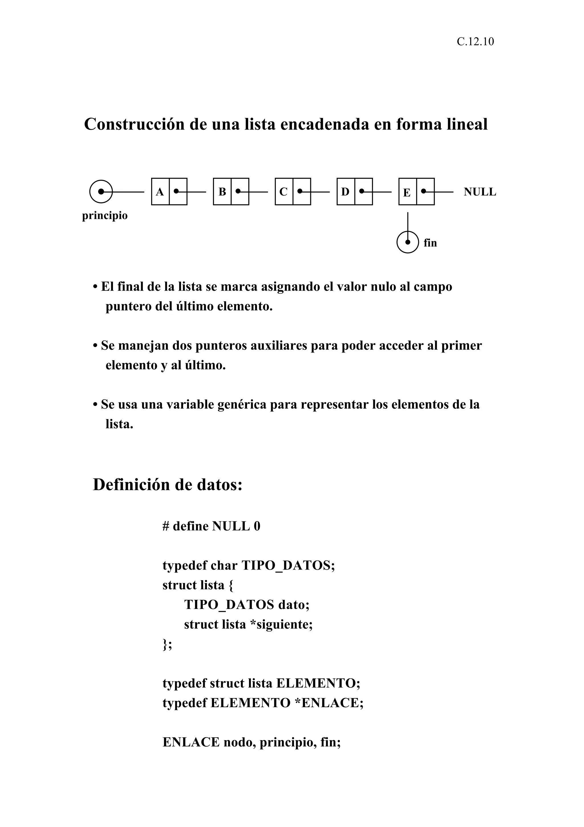 C.12.10 
Construcción de una lista encadenada en forma lineal 
A B C D E NULL 
principio 
fin 
• El final de la lista se marca asignando el valor nulo al campo 
puntero del último elemento. 
• Se manejan dos punteros auxiliares para poder acceder al primer 
elemento y al último. 
• Se usa una variable genérica para representar los elementos de la 
lista. 
Definición de datos: 
# define NULL 0 
typedef char TIPO_DATOS; 
struct lista { 
TIPO_DATOS dato; 
struct lista *siguiente; 
}; 
typedef struct lista ELEMENTO; 
typedef ELEMENTO *ENLACE; 
ENLACE nodo, principio, fin; 
 