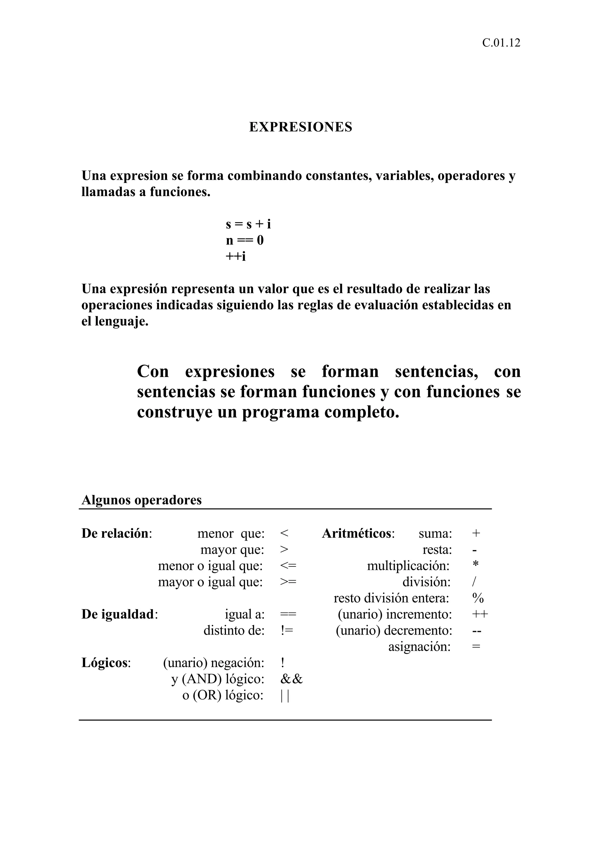 C.01.12 
EXPRESIONES 
Una expresion se forma combinando constantes, variables, operadores y 
llamadas a funciones. 
s = s + i 
n == 0 
++i 
Una expresión representa un valor que es el resultado de realizar las 
operaciones indicadas siguiendo las reglas de evaluación establecidas en 
el lenguaje. 
Con expresiones se forman sentencias, con 
sentencias se forman funciones y con funciones se 
construye un programa completo. 
Algunos operadores 
De relación: menor que: < Aritméticos: suma: + 
mayor que: > resta: - 
menor o igual que: <= multiplicación: * 
mayor o igual que: >= división: / 
resto división entera: % 
De igualdad: igual a: == (unario) incremento: ++ 
distinto de: != (unario) decremento: -- 
asignación: = 
Lógicos: (unario) negación: ! 
y (AND) lógico: && 
o (OR) lógico: | | 
 