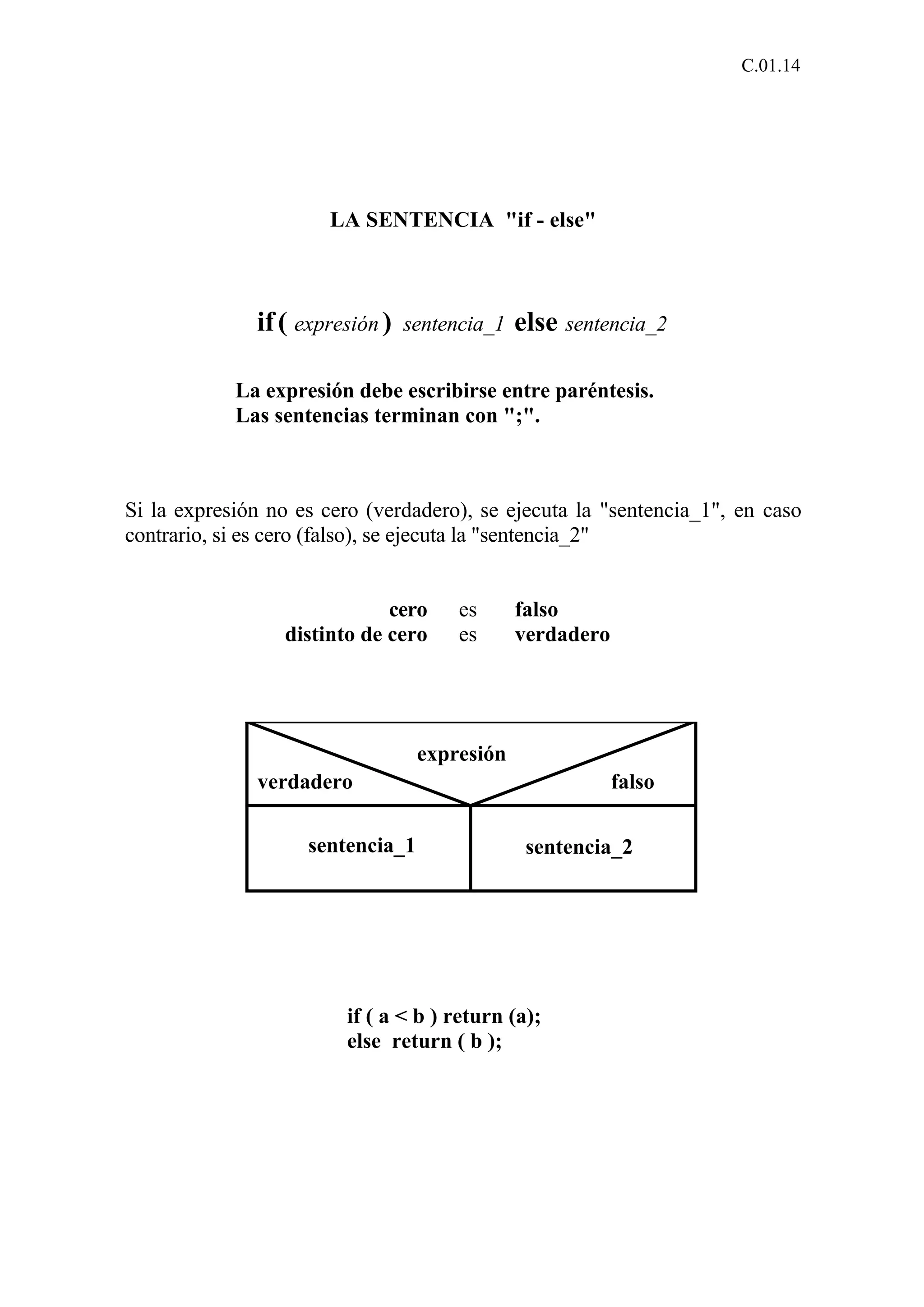 C.01.14 
LA SENTENCIA "if - else" 
if( expresión) sentencia_1 else sentencia_2 
La expresión debe escribirse entre paréntesis. 
Las sentencias terminan con ";". 
Si la expresión no es cero (verdadero), se ejecuta la "sentencia_1", en caso 
contrario, si es cero (falso), se ejecuta la "sentencia_2" 
cero es falso 
distinto de cero es verdadero 
expresión 
verdadero falso 
sentencia_1 sentencia_2 
if ( a < b ) return (a); 
else return ( b ); 
 