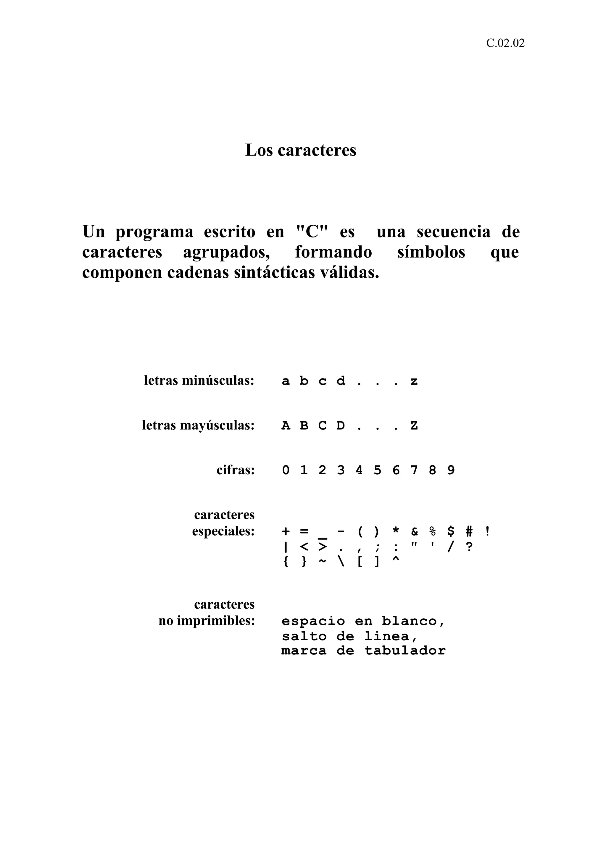 C.02.02 
Los caracteres 
Un programa escrito en "C" es una secuencia de 
caracteres agrupados, formando símbolos que 
componen cadenas sintácticas válidas. 
letras minúsculas: a b c d . . . z 
letras mayúsculas: A B C D . . . Z 
cifras: 0 1 2 3 4 5 6 7 8 9 
caracteres 
especiales: + = _ - ( ) * & % $ # ! 
| < > . , ; : " ' / ? 
{ } ~  [ ] ^ 
caracteres 
no imprimibles: espacio en blanco, 
salto de linea, 
marca de tabulador 
 