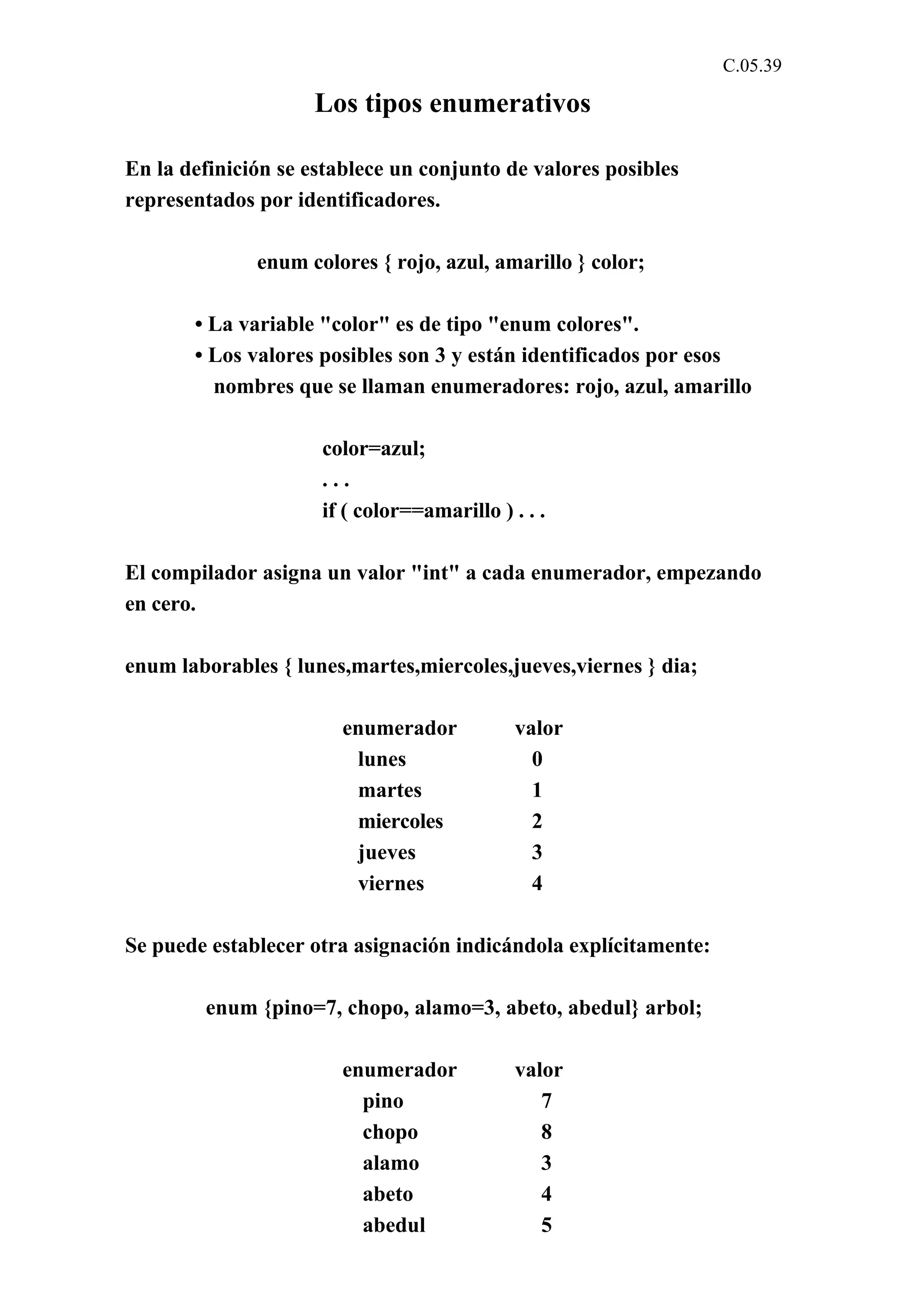 C.05.39 
Los tipos enumerativos 
En la definición se establece un conjunto de valores posibles 
representados por identificadores. 
enum colores { rojo, azul, amarillo } color; 
• La variable "color" es de tipo "enum colores". 
• Los valores posibles son 3 y están identificados por esos 
nombres que se llaman enumeradores: rojo, azul, amarillo 
color=azul; 
. . . 
if ( color==amarillo ) . . . 
El compilador asigna un valor "int" a cada enumerador, empezando 
en cero. 
enum laborables { lunes,martes,miercoles,jueves,viernes } dia; 
enumerador valor 
lunes 0 
martes 1 
miercoles 2 
jueves 3 
viernes 4 
Se puede establecer otra asignación indicándola explícitamente: 
enum {pino=7, chopo, alamo=3, abeto, abedul} arbol; 
enumerador valor 
pino 7 
chopo 8 
alamo 3 
abeto 4 
abedul 5 
 