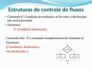 Estruturas de controle de fluxos
 Comando if : Condição de avaliação, se for zero, a declaração
não será executada.
 Estrutura:
if (condição) declaração;
Comando else : É o comando complementar do comando if.
Estrutura:
if (condição) declaração 1;
else declaração 2;
condição?
bloco 1 bloco 2
 
