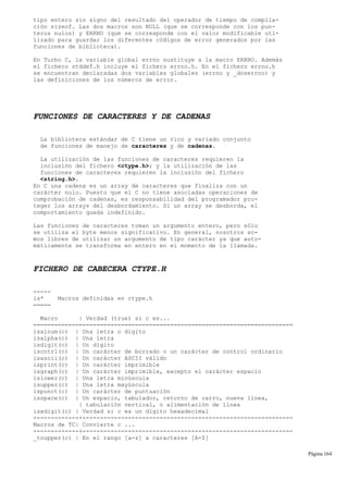 tipo entero sin signo del resultado del operador de tiempo de compila-
ción sizeof. Las dos macros son NULL (que se corresponde con los pun-
teros nulos) y ERRNO (que se corresponde con el valor modificable uti-
lizado para guardar los diferentes códigos de error generados por las
funciones de biblioteca).
En Turbo C, la variable global errno sustituye a la macro ERRNO. Además
el fichero stddef.h incluye el fichero errno.h. En el fichero errno.h
se encuentran declaradas dos variables globales (errno y _doserrno) y
las definiciones de los números de error.
FUNCIONES DE CARACTERES Y DE CADENAS
La biblioteca estándar de C tiene un rico y variado conjunto
de funciones de manejo de caracteres y de cadenas.
La utilización de las funciones de caracteres requieren la
inclusión del fichero <ctype.h>; y la utilización de las
funciones de caracteres requieren la inclusión del fichero
<string.h>.
En C una cadena es un array de caracteres que finaliza con un
carácter nulo. Puesto que el C no tiene asociadas operaciones de
comprobación de cadenas, es responsabilidad del programador pro-
teger los arrays del desbordamiento. Si un array se desborda, el
comportamiento queda indefinido.
Las funciones de caracteres toman un argumento entero, pero sólo
se utiliza el byte menos significativo. En general, nosotros so-
mos libres de utilizar un argumento de tipo carácter ya que auto-
máticamente se transforma en entero en el momento de la llamada.
FICHERO DE CABECERA CTYPE.H
-----
is* Macros definidas en ctype.h
=====
Macro | Verdad (true) si c es...
==========================================================================
isalnum(c) | Una letra o dígito
isalpha(c) | Una letra
isdigit(c) | Un dígito
iscntrl(c) | Un carácter de borrado o un carácter de control ordinario
isascii(c) | Un carácter ASCII válido
isprint(c) | Un carácter imprimible
isgraph(c) | Un carácter imprimible, excepto el carácter espacio
islower(c) | Una letra minúscula
isupper(c) | Una letra mayúscula
ispunct(c) | Un carácter de puntuación
isspace(c) | Un espacio, tabulador, retorno de carro, nueva línea,
| tabulación vertical, o alimentación de línea
isxdigit(c) | Verdad si c es un dígito hexadecimal
-------------+------------------------------------------------------------
Macros de TC| Convierte c ...
-------------+------------------------------------------------------------
_toupper(c) | En el rango [a-z] a caracteres [A-Z]
Página 164
 