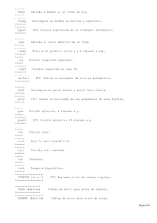 ------
fmod Calcula x módulo y, el resto de x/y.
======
-------
frexp Descompone un double en mantisa y exponente.
=======
-------
hypot (TC) Calcula hipotenusa de un triángulo rectángulo.
=======
------
labs Calcula el valor absoluto de un long.
======
-------
ldexp Calcula el producto entre x y 2 elevado a exp.
=======
-----
log Función logaritmo neperiano.
=====
-------
log10 Función logaritmo en base 10.
=======
---------
matherr (TC) Define un manejador de errores matemáticos.
=========
------
modf Descompone en parte entera y parte fraccionaria.
======
------
poly (TC) Genera un polinomio de los argumentos de esta función.
======
-----
pow Función potencia, x elevado a y.
=====
-------
pow10 (TC) Función potencia, 10 elevado a p.
=======
-----
sin Función seno.
=====
------
sinh Función seno hiperbólico.
======
------
sqrt Calcula raíz cuadrada.
======
-----
tan Tangente.
=====
------
tanh Tangente hiperbólica.
======
------------------
COMPLEX (struct) (TC) Representación de número complejo.
==================
----------------
EDOM (#define) Código de error para error de dominio.
================
------------------
ERANGE (#define) Código de error para error de rango.
Página 186
 