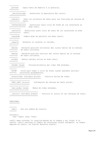 ---------
puttext Copia texto de memoria a la pantalla.
=========
----------------
_setcursortype Selecciona la apariencia del cursor.
================
----------
textattr Pone los atributos de texto para las funciones de ventana de
========== texto.
----------------
textbackground Selecciona nuevo color de fondo de los caracteres en
================ modo texto.
-----------
textcolor Selecciona nuevo color de texto de los caracteres en modo
=========== texto.
----------
textmode Cambia modo de pantalla (en modo texto).
==========
---------
ungetch Devuelve un carácter al teclado.
=========
--------
wherex Devuelve posición horizontal del cursor dentro de la ventana
======== de texto corriente.
--------
wherey Devuelve posición vertical del cursor dentro de la ventana
======== de texto corriente.
--------
window Define ventana activa en modo texto.
========
---------------
COLORS (enum) Colores/atributos del vídeo CGA estándar.
===============
-------
BLINK Sirve para sumar a color de fondo cuando queremos escribir
======= caracteres parpadeantes.
-------------------------------
directvideo (variable gloval) Controla salida de vídeo.
===============================
--------------------
TEXT_INFO (struct) Información de ventana de texto actual.
====================
-------------------
text_modes (enum) Modos de vídeo estándar.
===================
----------------------------
_wscroll (variable global) Controla el scroll en las ventanas de texto.
============================
FUNCIONES:
**********
-------
cgets Lee una cadena de consola.
=======
Sintaxis:
char *cgets (char *cad);
cad[0] debe contener la longitud máxima de la cadena a ser leída. A la
vuelta, cad[1] contiene el número de caracteres leídos realmente. La cadena
empieza en cad[2]. La función devuelve &cad[2].
Página 198
 