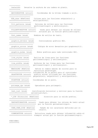 -----------
textwidth Devuelve la anchura de una cadena en pixels.
===========
------------------------
ARCCOORDSTYPE (struct) Coordenadas de la última llamada a arc().
========================
---------------------
EGA_xxxx (#defines) Colores para las funciones setpalette() y
===================== setallpalette().
----------------------
fill_patterns (enum) Patrones de relleno para las funciones
====================== getfillsettings() y setfillstyle().
---------------------------
FILLSETTINGSTYPE (struct) Usado para obtener los valores de relleno
=========================== actuales por la función getfillsettings().
--------------------
font_names (enum) Nombres de estilos de texto.
====================
-------------------------
graphics_drivers (enum) Controladores gráficos BGI.
=========================
------------------------
graphics_errors (enum) Códigos de error devueltos por graphresult().
========================
-----------------------
graphics_modes (enum) Modos gráficos para cada controlador BGI.
=======================
--------------------
line_styles (enum) Estilos de línea para las funciones
==================== getlinesettings() y setlinestyle().
--------------------
line_widths (enum) Anchuras de las líneas para las funciones
==================== getlinesettings() y setlinestyle().
---------------------
MAXCOLORS (#define) Define el número máximo de colores para la
===================== estructura palettetype.
---------------------- Información de la paleta para el controlador
PALETTETYPE (struct) gráfico actual utilizado por las funciones
====================== getpalette(), setpalette() y setallpalette().
--------------------
POINTTYPE (struct) Coordenadas de un punto.
====================
---------------------
putimage_ops (enum) Operadores para putimage().
=====================
------------------
text_just (enum) Justificación horizontal y vertical para la función
================== settextjustify().
------------------------------
*_DIR (Dirección) (#defines) Dirección para la salida gráfica.
==============================
---------------------------
TEXTSETTINGSTYPE (struct) Usado para obtener los valores de texto actual
=========================== por la función gettextsettings().
--------------------------
USER_CHAR_SIZE (#define) Tamaño de los caracteres definidos por el
========================== usuario.
-----------------------
VIEWPORTTYPE (struct) Estructura usada para obtener información sobre el
======================= viewport actual por la función getviewsettings().
FUNCIONES:
**********
Página 209
 