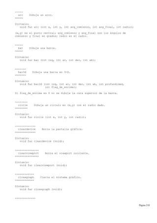 -----
arc Dibuja un arco.
=====
Sintaxis:
void far arc (int x, int y, int ang_comienzo, int ang_final, int radio);
(x,y) es el punto central; ang_comienzo y ang_final son los ángulos de
comienzo y final en grados; radio es el radio.
-----
bar Dibuja una barra.
=====
Sintaxix:
void far bar (int izq, int ar, int der, int ab);
-------
bar3d Dibuja una barra en 3-D.
=======
Sintaxis:
void far bar3d (int izq, int ar, int der, int ab, int profundidad,
int flag_de_encima);
Si flag_de_encima es 0 no se dibuja la cara superior de la barra.
--------
circle Dibuja un círculo en (x,y) con el radio dado.
========
Sintaxis:
void far circle (int x, int y, int radio);
-------------
cleardevice Borra la pantalla gráfica.
=============
Sintaxis:
void far cleardevice (void);
---------------
clearviewport Borra el viewport corriente.
===============
Sintaxis:
void far clearviewport (void);
------------
closegraph Cierra el sistema gráfico.
============
Sintaxis:
void far closegraph (void);
-------------
Página 210
 