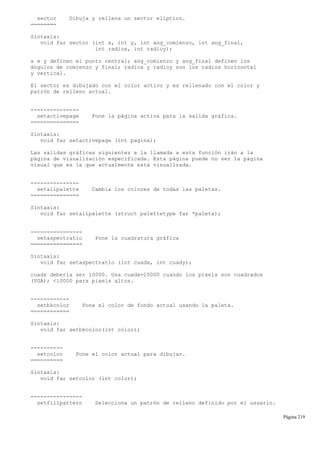 sector Dibuja y rellena un sector elíptico.
========
Sintaxis:
void far sector (int x, int y, int ang_comienzo, int ang_final,
int radiox, int radioy);
x e y definen el punto central; ang_comienzo y ang_final definen los
ángulos de comienzo y final; radiox y radioy son los radios horizontal
y vertical.
El sector es dibujado con el color activo y es rellenado con el color y
patrón de relleno actual.
---------------
setactivepage Pone la página activa para la salida gráfica.
===============
Sintaxis:
void far setactivepage (int pagina);
Las salidas gráficas siguientes a la llamada a esta función irán a la
página de visualización especificada. Esta página puede no ser la página
visual que es la que actualmente está visualizada.
---------------
setallpalette Cambia los colores de todas las paletas.
===============
Sintaxis:
void far setallpalette (struct palettetype far *paleta);
----------------
setaspectratio Pone la cuadratura gráfica
================
Sintaxis:
void far setaspectratio (int cuadx, int cuady);
cuadx debería ser 10000. Usa cuadx=10000 cuando los pixels son cuadrados
(VGA); <10000 para pixels altos.
------------
setbkcolor Pone el color de fondo actual usando la paleta.
============
Sintaxis:
void far setbkcolor(int color);
----------
setcolor Pone el color actual para dibujar.
==========
Sintaxis:
void far setcolor (int color);
----------------
setfillpattern Selecciona un patrón de relleno definido por el usuario.
Página 219
 