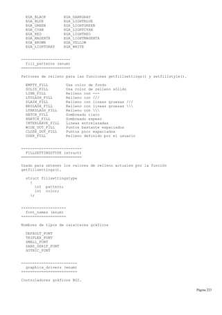 EGA_BLACK EGA_DARKGRAY
EGA_BLUE EGA_LIGHTBLUE
EGA_GREEN EGA_LIGHTGREEN
EGA_CYAN EGA_LIGHTCYAN
EGA_RED EGA_LIGHTRED
EGA_MAGENTA EGA_LIGHTMAGENTA
EGA_BROWN EGA_YELLOW
EGA_LIGHTGRAY EGA_WHITE
----------------------
fill_patterns (enum)
======================
Patrones de relleno para las funciones getfillsettings() y setfillstyle().
EMPTY_FILL Usa color de fondo
SOLID_FILL Usa color de relleno sólido
LINE_FILL Relleno con ---
LTSLASH_FILL Relleno con ///
SLASH_FILL Relleno con líneas gruesas ///
BKSLASH_FILL Relleno con líneas gruesas 
LTBKSLASH_FILL Relleno con 
HATCH_FILL Sombreado claro
XHATCH_FILL Sombreado espeso
INTERLEAVE_FILL Lineas entrelazadas
WIDE_DOT_FILL Puntos bastante espaciados
CLOSE_DOT_FILL Puntos poco espaciados
USER_FILL Relleno definido por el usuario
---------------------------
FILLSETTINGSTYPE (struct)
===========================
Usado para obtener los valores de relleno actuales por la función
getfillsettings().
struct fillsettingstype
{
int pattern;
int color;
};
--------------------
font_names (enum)
====================
Nombres de tipos de caracteres gráficos
DEFAULT_FONT
TRIPLEX_FONT
SMALL_FONT
SANS_SERIF_FONT
GOTHIC_FONT
-------------------------
graphics_drivers (enum)
=========================
Controladores gráficos BGI.
Página 223
 