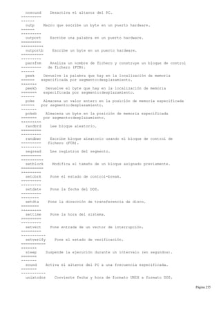 nosound Desactiva el altavoz del PC.
=========
------
outp Macro que escribe un byte en un puerto hardware.
======
---------
outport Escribe una palabra en un puerto hardware.
=========
----------
outportb Escribe un byte en un puerto hardware.
==========
---------
parsfnm Analiza un nombre de fichero y construye un bloque de control
========= de fichero (FCB).
------
peek Devuelve la palabra que hay en la localización de memoria
====== especificada por segmento:desplazamiento.
-------
peekb Devuelve el byte que hay en la localización de memoria
======= especificada por segmento:desplazamiento.
------
poke Almacena un valor entero en la posición de memoria especificada
====== por segmento:desplazamiento.
-------
pokeb Almacena un byte en la posición de memoria especificada
======= por segmento:desplazamiento.
---------
randbrd Lee bloque aleatorio.
=========
---------
randbwr Escribe bloque aleatorio usando el bloque de control de
========= fichero (FCB).
---------
segread Lee registros del segmento.
=========
----------
setblock Modifica el tamaño de un bloque asignado previamente.
==========
---------
setcbrk Pone el estado de control-break.
=========
---------
setdate Pone la fecha del DOS.
=========
--------
setdta Pone la dirección de transferencia de disco.
========
---------
settime Pone la hora del sistema.
=========
---------
setvect Pone entrada de un vector de interrupción.
=========
-----------
setverify Pone el estado de verificación.
===========
-------
sleep Suspende la ejecución durante un intervalo (en segundos).
=======
-------
sound Activa el altavoz del PC a una frecuencia especificada.
=======
-----------
unixtodos Convierte fecha y hora de formato UNIX a formato DOS.
Página 255
 