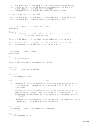 þ 1 envía el carácter que está en byte a la línea de comunicaciones
þ 2 recibe un carácter de la línea de comunicaciones (en los 8 bits
menos significativos del valor devuelto)
þ 3 devuelve el estado actual del puerto de comunicaciones
El puerto 0 es COM1, el 1 es COM2, etc.
Los 8 bits más significativos del valor devuelto son los bits de estado.
Los 8 bits menos significativos dependen del cmd especificado.
----------
biosdisk Servicios de disco de la BIOS.
==========
Sintaxis:
int biosdisk (int cmd, int unidad, int cabeza, int pista, int sector,
int nsects, void *buffer);
Devuelve 0 si tiene éxito; en otro caso devuelve un código de error.
Para saber los valores que puede tomar cmd y el significado de cada uno
de ellos consulta la interrupción 13 hex. de la ROM BIOS.
-----------
biosequip Chequea equipo.
===========
Sintaxis:
int biosequip (void);
Devuelve los indicadores de equipo de la BIOS.
---------
bioskey Interface de teclado.
=========
Sintaxis:
int bioskey (int cmd);
cmd Acción
============================================================================
0 | Devuelve el código de exploración de la tecla que hay en el buffer
| y la quita de él. Espera la pulsación de la tecla si el buffer
| está vacío
|
1 | Devuelve el código de exploración de la tecla que hay en el buffer
| pero no la quita de él. Devuelve 0 si el buffer está vacío. Si fue
| presionada la combinación de teclas Ctrol-Break, bioskey() devuelve
| -1 (0xFFFF).
|
2 | Devuelve los indicadores de estado de las teclas de cambio de la BIOS.
| (teclas shift izquierda y derecha, control, alt)
------------
biosmemory Devuelve el tamaño de la memoria.
============
Sintaxis:
int biosmemory (void);
Página 280
 