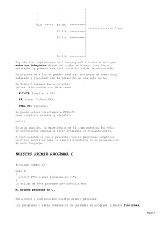 |
. . |
. . |
. . |
|
fn.c ----> fn.obj ---------|
| --------------> f.exe
f1.lib ---------|
|
f2.lib ---------|
|
. |
. |
. |
|
fm.lib ---------|
Hoy día los compiladores de C son muy sofisticados e incluyen
entornos integrados desde los cuales editamos, compilamos,
enlazamos, y podemos realizar una multitud de servicios más.
En algunos de ellos se pueden realizar los pasos de compilado,
enlazado y ejecutado con la pulsación de una sola tecla.
En Turbo C tenemos las siguientes
teclas relacionadas con este tema:
ALT-F9: Compilar a OBJ.
F9: Hacer fichero EXE.
CTRL-F9: Ejecutar.
Se puede pulsar directamente CTRL-F9
para compilar, enlazar y ejecutar.
partir
En programación, la experiencia es el gran maestro. Por ello
es conveniente empezar a hacer programas en C cuanto antes.
A continuación se van a presentar varios programas completos
en C muy sencillos para ir familiarizóndonos en la programación
de este lenguaje.
NUESTRO PRIMER PROGRAMA C
#include <stdio.h>
main ()
{
printf ("Mi primer programa en C.");
}
La salida de este programa por pantalla es:
Mi primer programa en C.
Analicemos a continuación nuestro primer programa.
Los programas C están compuestos de unidades de programa llamadas funciones,
Página 4
 