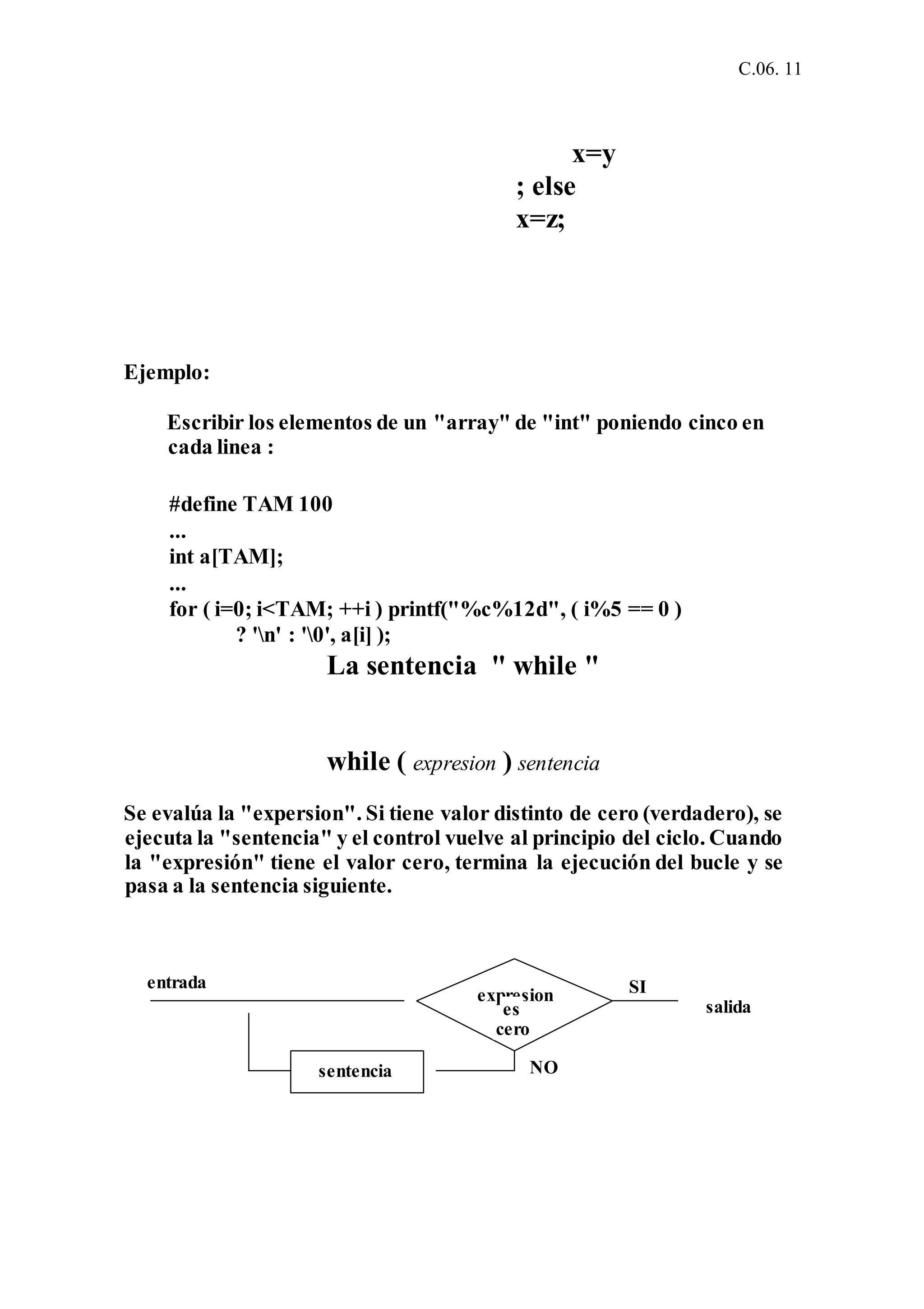 C.06. 11
x=y
; else
x=z;
Ejemplo:
Escribir los elementos de un "array" de "int" poniendo cinco en
cada linea :
#define TAM 100
...
int a[TAM];
...
for ( i=0; i<TAM; ++i ) printf("%c%12d", ( i%5 == 0 )
? 'n' : '0', a[i] );
La sentencia " while "
while ( expresion ) sentencia
Se evalúa la "expersion". Si tiene valor distinto de cero (verdadero), se
ejecuta la "sentencia" y el control vuelve al principio del ciclo. Cuando
la "expresión" tiene el valor cero, termina la ejecución del bucle y se
pasa a la sentencia siguiente.
expresion
es
cero
sentencia NO
SI
salida
entrada
 