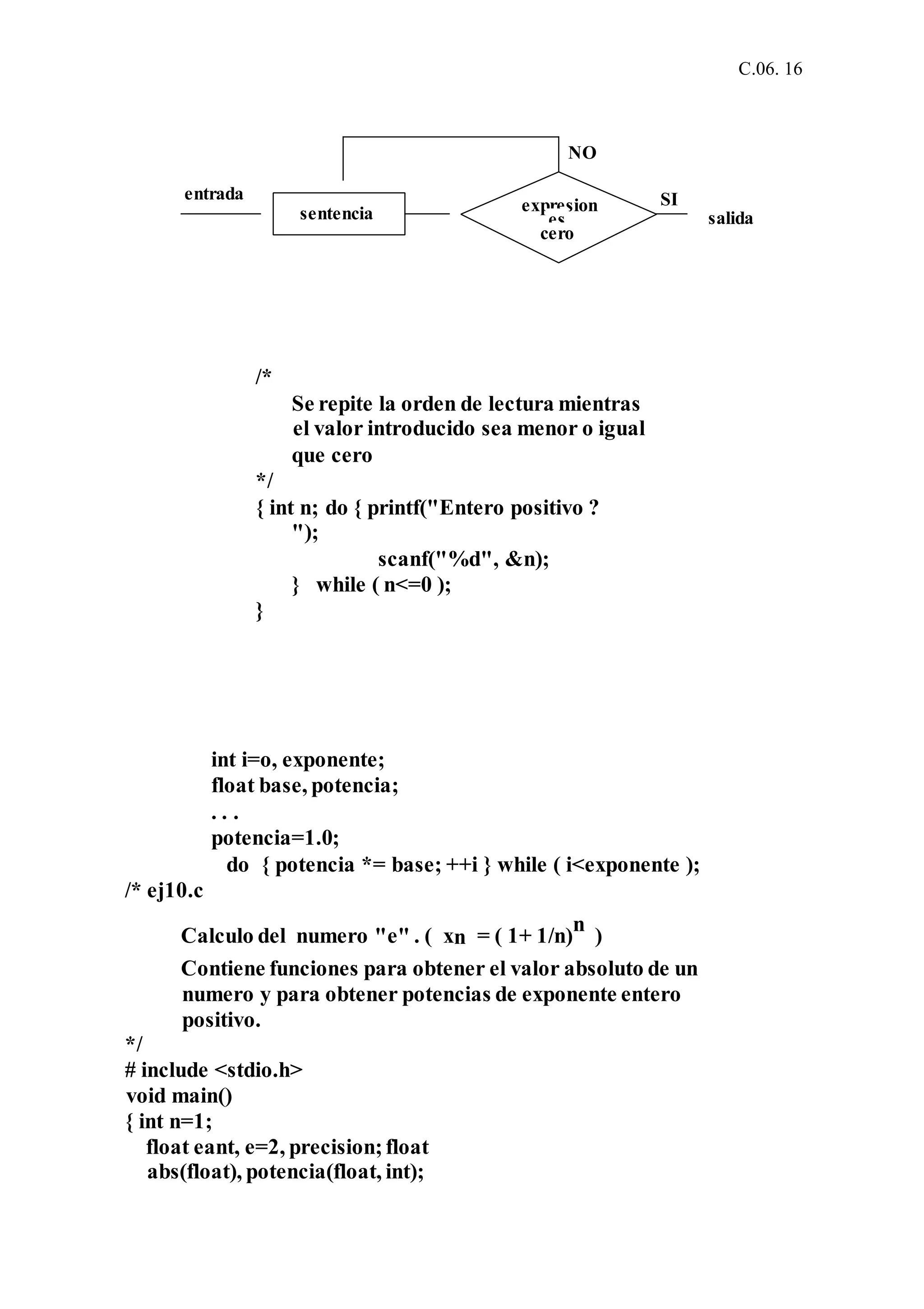 C.06. 16
/*
Se repite la orden de lectura mientras
el valor introducido sea menor o igual
que cero
*/
{ int n; do { printf("Entero positivo ?
");
scanf("%d", &n);
} while ( n<=0 );
}
int i=o, exponente;
float base, potencia;
. . .
potencia=1.0;
do { potencia *= base; ++i } while ( i<exponente );
/* ej10.c
Calculo del numero "e" . ( xn = ( 1+ 1/n)
n
)
Contiene funciones para obtener el valor absoluto de un
numero y para obtener potencias de exponente entero
positivo.
*/
# include <stdio.h>
void main()
{ int n=1;
float eant, e=2, precision;float
abs(float), potencia(float, int);
expresion
es
cero
sentencia
NO
SI
salida
entrada
 