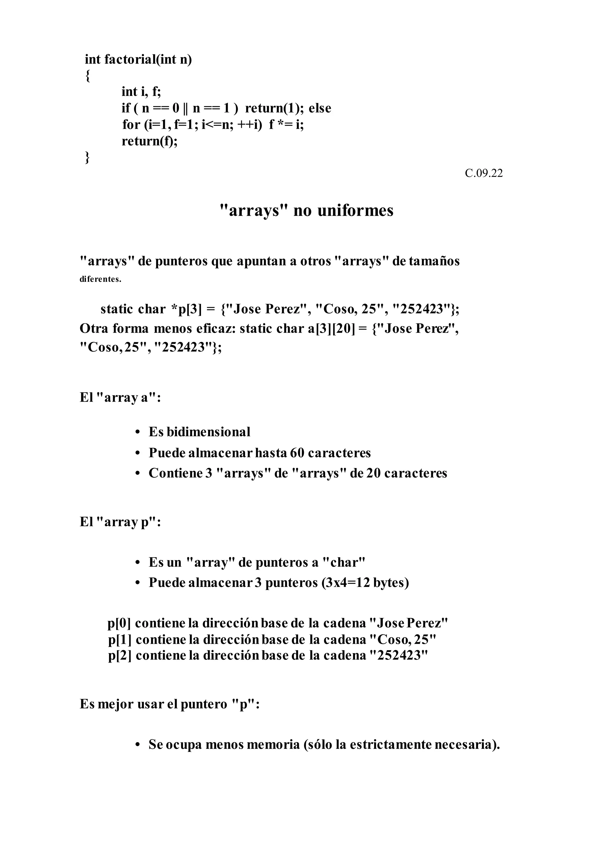 int factorial(int n)
{
int i, f;
if ( n == 0 || n == 1 ) return(1); else
for (i=1, f=1; i<=n; ++i) f *= i;
return(f);
}
C.09.22
"arrays" no uniformes
"arrays" de punteros que apuntan a otros "arrays" de tamaños
diferentes.
static char *p[3] = {"Jose Perez", "Coso, 25", "252423"};
Otra forma menos eficaz: static char a[3][20] = {"Jose Perez",
"Coso,25", "252423"};
El "array a":
• Es bidimensional
• Puede almacenarhasta 60 caracteres
• Contiene 3 "arrays" de "arrays" de 20 caracteres
El "array p":
• Es un "array" de punteros a "char"
• Puede almacenar3 punteros (3x4=12 bytes)
p[0] contiene la direcciónbase de la cadena "JosePerez"
p[1] contiene la direcciónbase de la cadena "Coso, 25"
p[2] contiene la direcciónbase de la cadena "252423"
Es mejor usar el puntero "p":
• Se ocupa menos memoria (sólo la estrictamente necesaria).
 