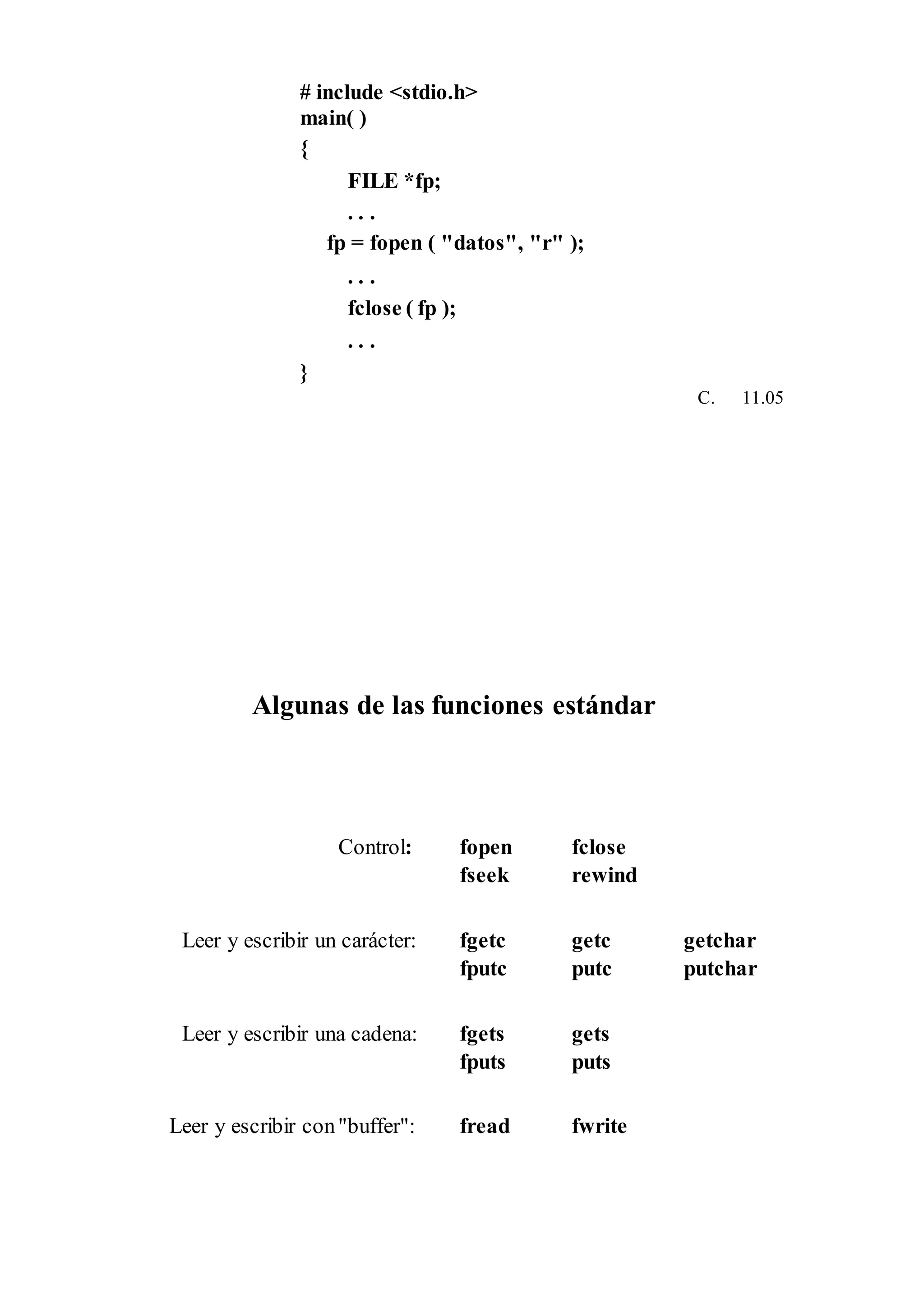 # include <stdio.h>
main( )
{
FILE *fp;
. . .
fp = fopen ( "datos", "r" );
. . .
fclose ( fp );
. . .
}
C. 11.05
Algunas de las funciones estándar
Control: fopen fclose
fseek rewind
Leer y escribir un carácter: fgetc getc getchar
fputc putc putchar
Leer y escribir una cadena: fgets gets
fputs puts
Leer y escribir con"buffer": fread fwrite
 