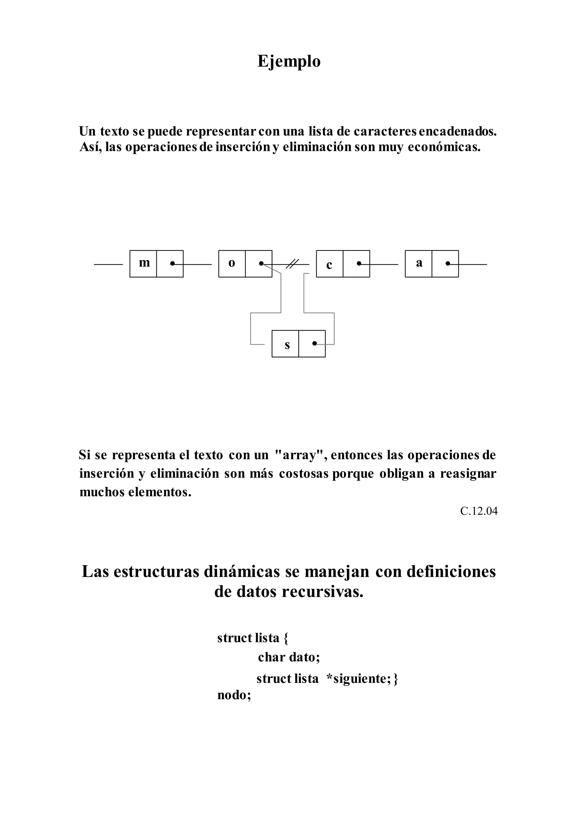 Ejemplo
Un texto se puede representarcon una lista de caracteresencadenados.
Así, las operacionesde insercióny eliminación son muy económicas.
Si se representa el texto con un "array", entonces las operaciones de
inserción y eliminación son más costosas porque obligan a reasignar
muchos elementos.
C.12.04
Las estructuras dinámicas se manejan con definiciones
de datos recursivas.
struct lista {
char dato;
struct lista *siguiente;}
nodo;
m o
s
c a
 