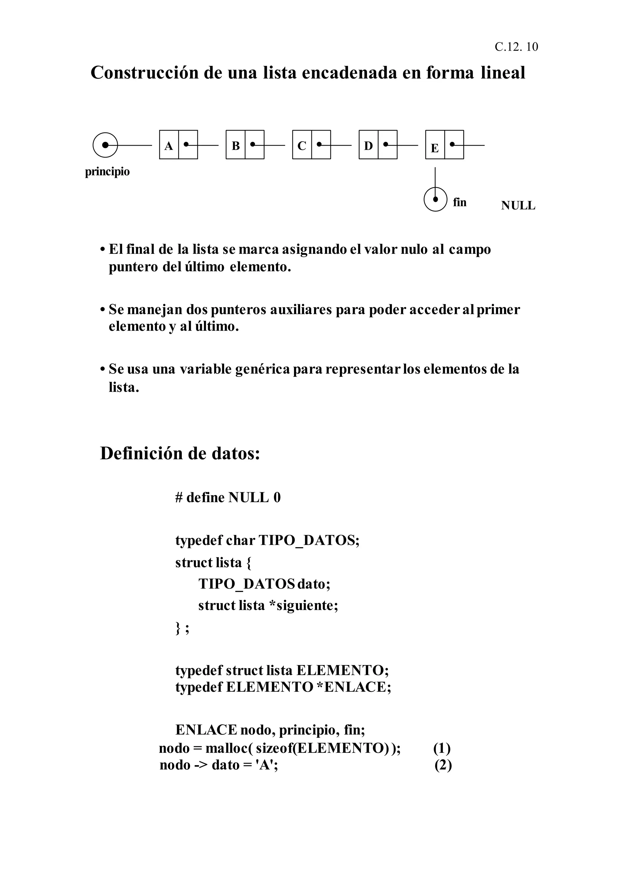 C.12. 10
Construcción de una lista encadenada en forma lineal
NULL
• El final de la lista se marca asignando el valor nulo al campo
puntero del último elemento.
• Se manejan dos punteros auxiliares para poder accederalprimer
elemento y al último.
• Se usa una variable genérica para representarlos elementos de la
lista.
Definición de datos:
# define NULL 0
typedef char TIPO_DATOS;
struct lista {
TIPO_DATOSdato;
struct lista *siguiente;
} ;
typedef struct lista ELEMENTO;
typedef ELEMENTO *ENLACE;
ENLACE nodo, principio, fin;
nodo = malloc( sizeof(ELEMENTO)); (1)
nodo -> dato = 'A'; (2)
B C D EA
principio
fin
 