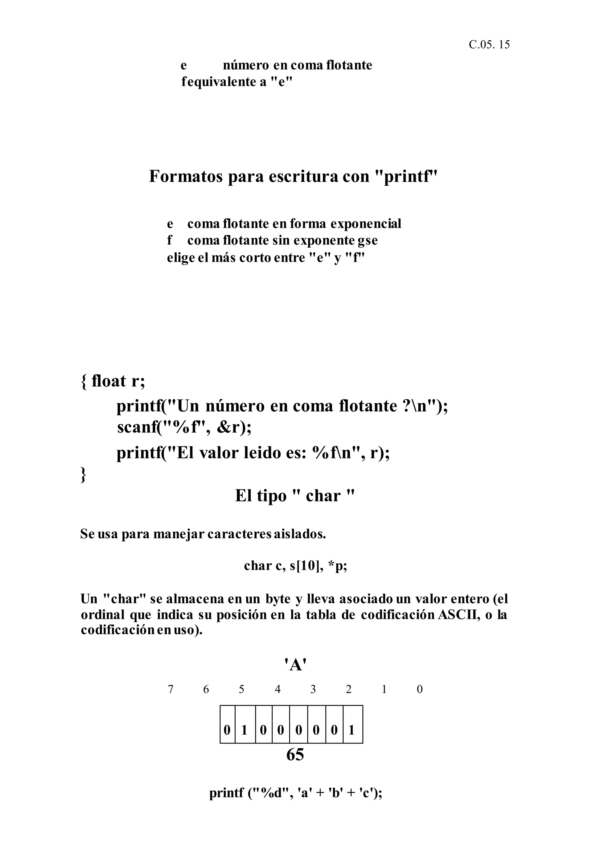 C.05. 15
e número en coma flotante
fequivalente a "e"
Formatos para escritura con "printf"
e coma flotante en forma exponencial
f coma flotante sin exponente gse
elige el más corto entre "e" y "f"
{ float r;
printf("Un número en coma flotante ?n");
scanf("%f", &r);
printf("El valor leido es: %fn", r);
}
El tipo " char "
Se usa para manejar caracteresaislados.
char c, s[10], *p;
Un "char" se almacena en un byte y lleva asociado un valor entero (el
ordinal que indica su posición en la tabla de codificación ASCII, o la
codificaciónenuso).
'A'
7 6 5 4 3 2 1 0
0 1 0 0 0 0 0 1
65
printf ("%d", 'a' + 'b' + 'c');
 
