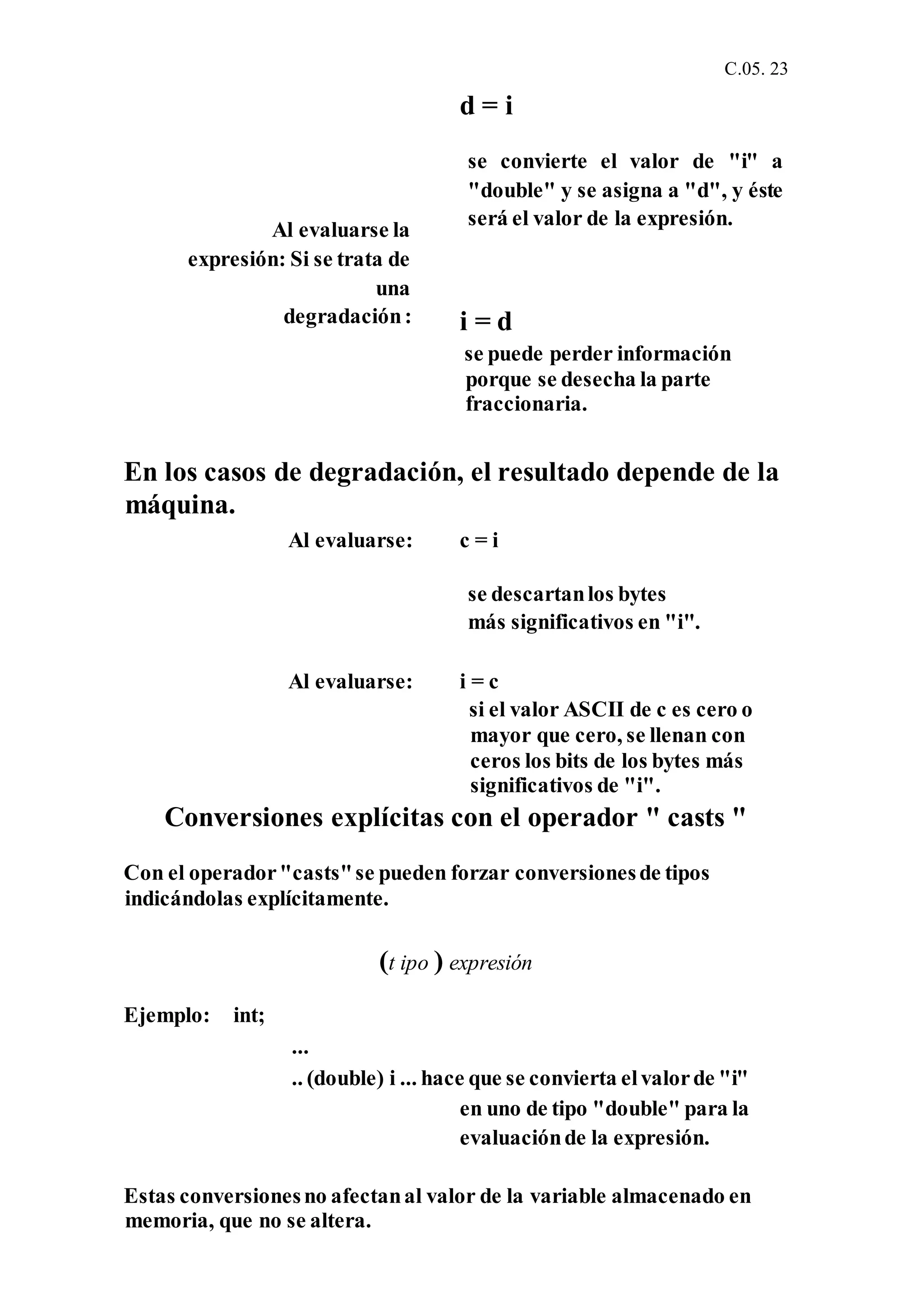 C.05. 23
Al evaluarse la
expresión: Si se trata de
una
d = i
se convierte el valor de "i" a
"double" y se asigna a "d", y éste
será el valor de la expresión.
degradación: i = d
se puede perder información
porque se desecha la parte
fraccionaria.
En los casos de degradación, el resultado depende de la
máquina.
Al evaluarse: c = i
se descartanlos bytes
más significativos en "i".
Al evaluarse: i = c
si el valor ASCII de c es cero o
mayor que cero, se llenan con
ceros los bits de los bytes más
significativos de "i".
Conversiones explícitas con el operador " casts "
Con el operador"casts"se pueden forzar conversionesde tipos
indicándolas explícitamente.
(t ipo ) expresión
Ejemplo: int;
...
.. (double) i ... hace que se convierta elvalorde "i"
en uno de tipo "double" para la
evaluaciónde la expresión.
Estas conversionesno afectanal valor de la variable almacenado en
memoria, que no se altera.
 
