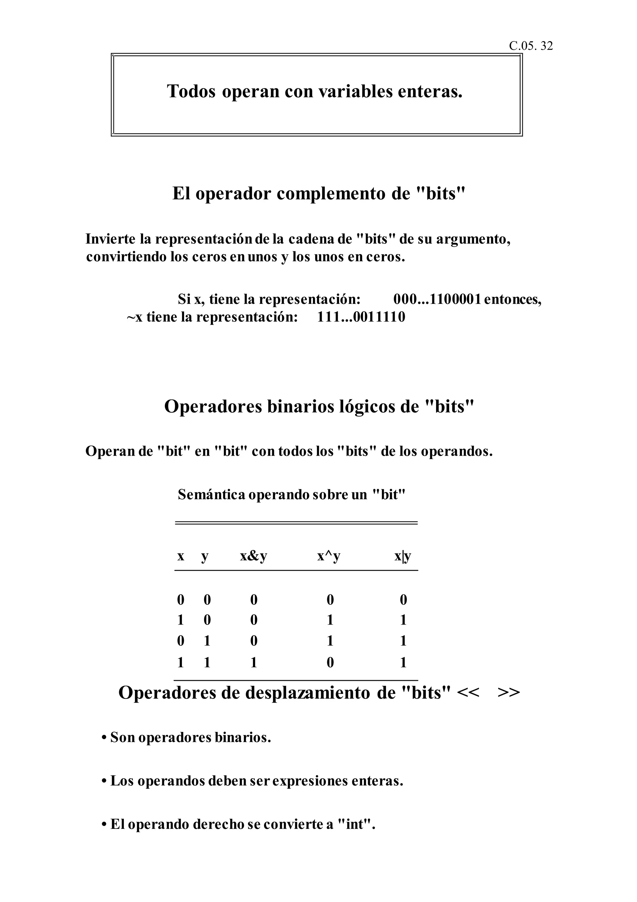 C.05. 32
El operador complemento de "bits"
Invierte la representaciónde la cadena de "bits" de su argumento,
convirtiendo los ceros enunos y los unos en ceros.
Si x, tiene la representación: 000...1100001entonces,
~x tiene la representación: 111...0011110
Operadores binarios lógicos de "bits"
Operan de "bit" en "bit" con todos los "bits" de los operandos.
Semántica operando sobre un "bit"
x y x&y x^y x|y
0 0 0 0 0
1 0 0 1 1
0 1 0 1 1
1 1 1 0 1
Operadores de desplazamiento de "bits" << >>
• Son operadores binarios.
• Los operandos deben serexpresiones enteras.
• El operando derecho se convierte a "int".
Todos operan con variables enteras.
 