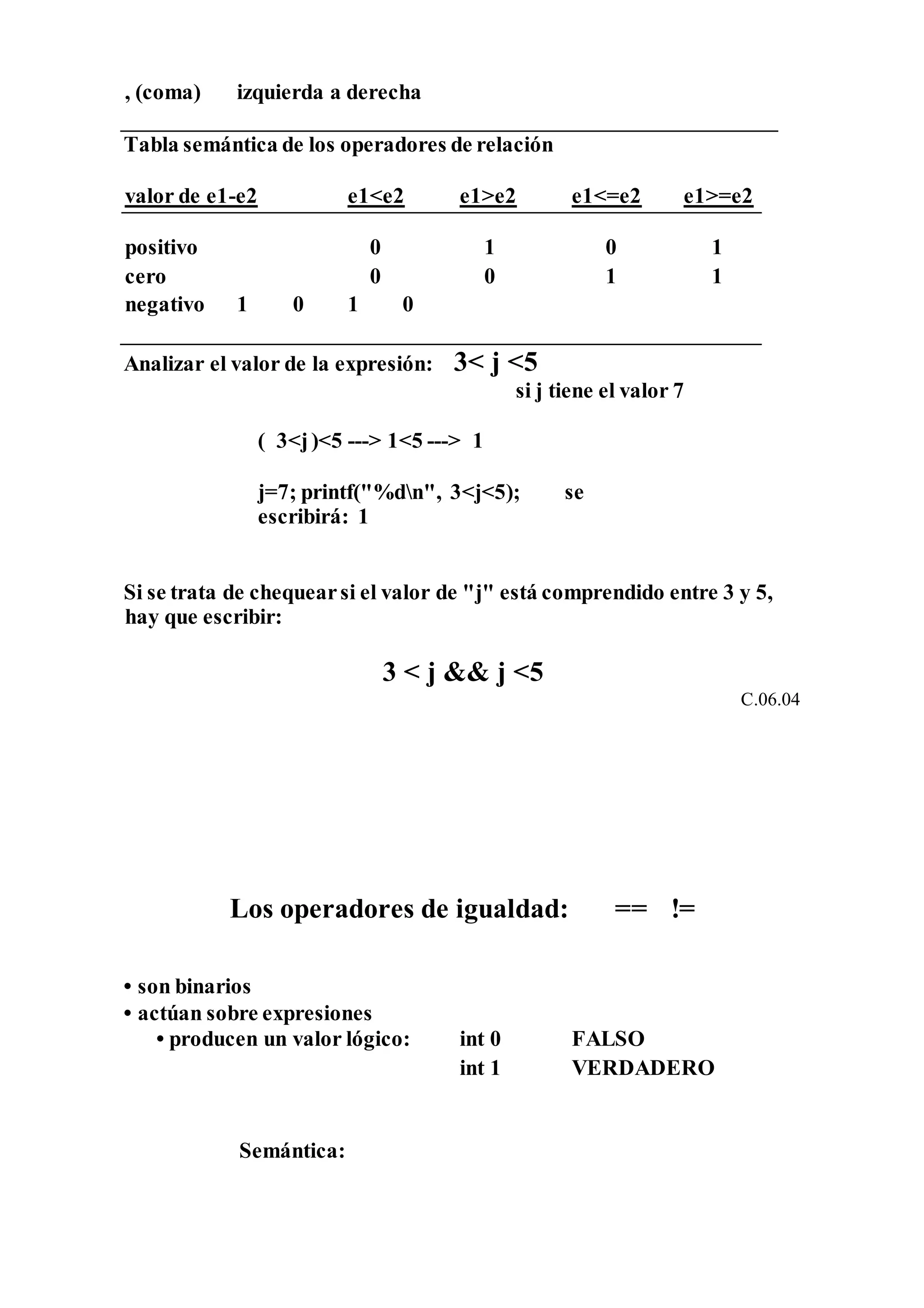 , (coma) izquierda a derecha
Tabla semántica de los operadores de relación
valor de e1-e2 e1<e2 e1>e2 e1<=e2 e1>=e2
positivo 0 1 0 1
cero 0 0 1 1
negativo 1 0 1 0
Analizar el valor de la expresión: 3< j <5
si j tiene el valor 7
( 3<j)<5 ---> 1<5 ---> 1
j=7; printf("%dn", 3<j<5); se
escribirá: 1
Si se trata de chequearsi el valor de "j" está comprendido entre 3 y 5,
hay que escribir:
3 < j && j <5
C.06.04
Los operadores de igualdad: == !=
• son binarios
• actúan sobre expresiones
• producen un valor lógico: int 0 FALSO
Semántica:
int 1 VERDADERO
 