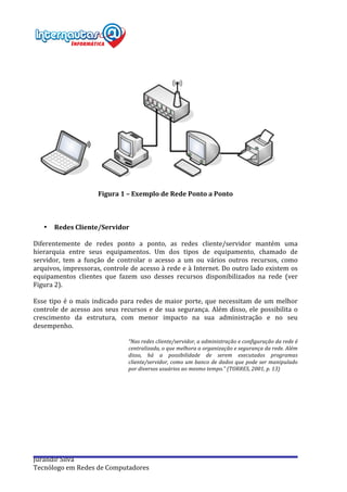  
Jurandir	
  Silva	
  
Tecnólogo	
  em	
  Redes	
  de	
  Computadores	
  
	
   	
   	
   	
   	
  
	
  
	
  
	
  
Figura	
  1	
  –	
  Exemplo	
  de	
  Rede	
  Ponto	
  a	
  Ponto	
  
	
  
	
  
	
  
• Redes	
  Cliente/Servidor	
  
	
  
Diferentemente	
   de	
   redes	
   ponto	
   a	
   ponto,	
   as	
   redes	
   cliente/servidor	
   mantém	
   uma	
  
hierarquia	
   entre	
   seus	
   equipamentos.	
   Um	
   dos	
   tipos	
   de	
   equipamento,	
   chamado	
   de	
  
servidor,	
   tem	
   a	
   função	
   de	
   controlar	
   o	
   acesso	
   a	
   um	
   ou	
   vários	
   outros	
   recursos,	
   como	
  
arquivos,	
  impressoras,	
  controle	
  de	
  acesso	
  à	
  rede	
  e	
  à	
  Internet.	
  Do	
  outro	
  lado	
  existem	
  os	
  
equipamentos	
   clientes	
   que	
   fazem	
   uso	
   desses	
   recursos	
   disponibilizados	
   na	
   rede	
   (ver	
  
Figura	
  2).	
  
	
  
Esse	
  tipo	
  é	
  o	
  mais	
  indicado	
  para	
  redes	
  de	
  maior	
  porte,	
  que	
  necessitam	
  de	
  um	
  melhor	
  
controle	
  de	
  acesso	
  aos	
  seus	
  recursos	
  e	
  de	
  sua	
  segurança.	
  Além	
  disso,	
  ele	
  possibilita	
  o	
  
crescimento	
   da	
   estrutura,	
   com	
   menor	
   impacto	
   na	
   sua	
   administração	
   e	
   no	
   seu	
  
desempenho.	
  
	
  
“Nas	
  redes	
  cliente/servidor,	
  a	
  administração	
  e	
  configuração	
  da	
  rede	
  é	
  
centralizada,	
  o	
  que	
  melhora	
  a	
  organização	
  e	
  segurança	
  da	
  rede.	
  Além	
  
disso,	
   há	
   a	
   possibilidade	
   de	
   serem	
   executados	
   programas	
  
cliente/servidor,	
  como	
  um	
  banco	
  de	
  dados	
  que	
  pode	
  ser	
  manipulado	
  
por	
  diversos	
  usuários	
  ao	
  mesmo	
  tempo.”	
  (TORRES,	
  2001,	
  p.	
  13)	
  
	
  
	
  
	
  
 